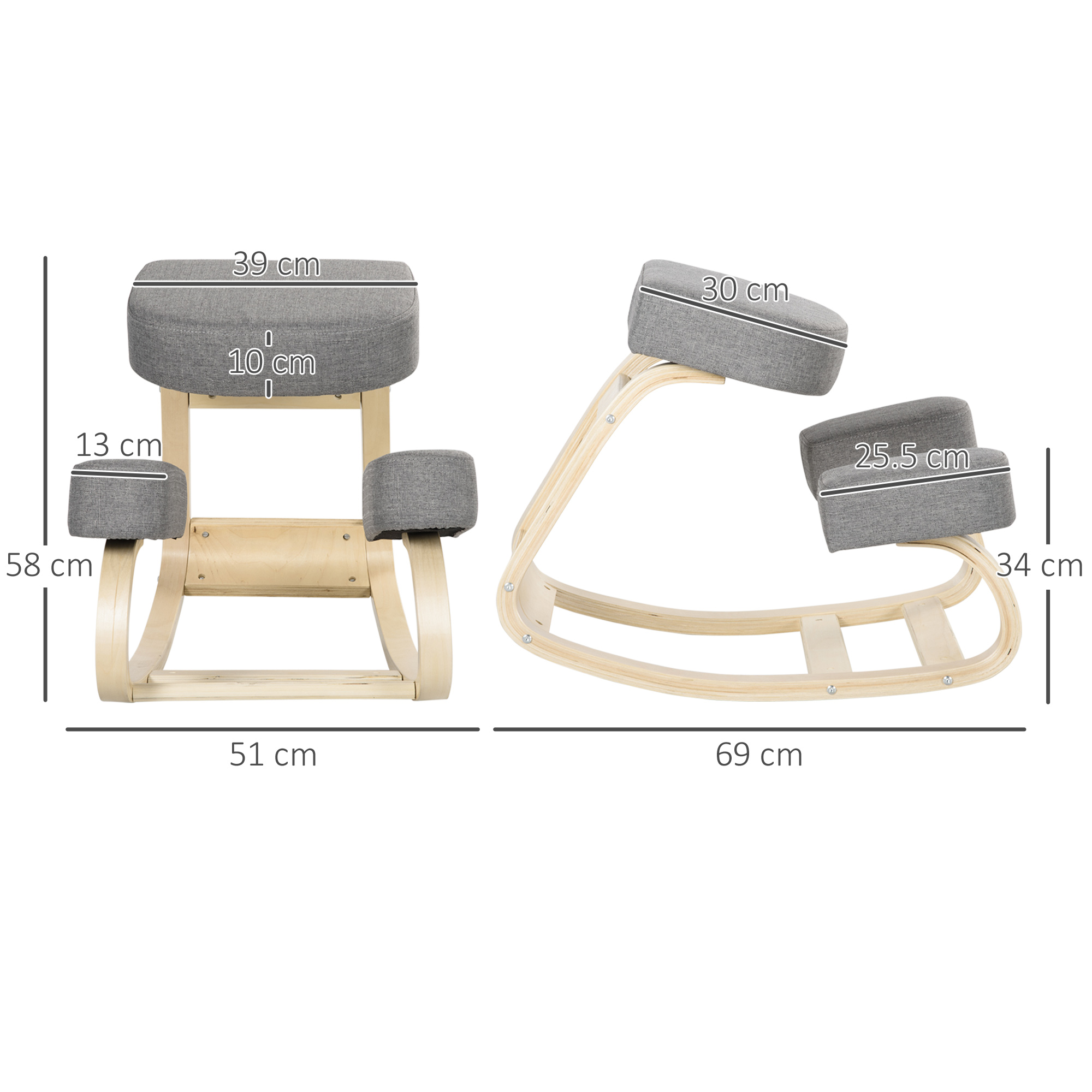 Sedia inginocchiata grigia con dimensioni: 51cm larghezza, 58cm altezza, 69cm lunghezza.