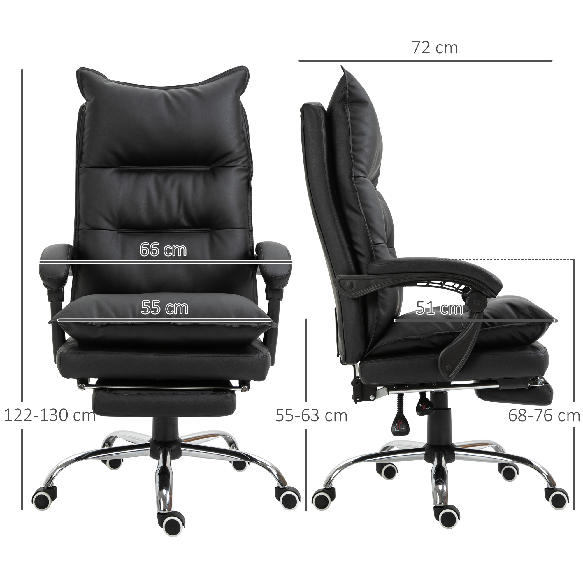 Sedia da ufficio in pelle nera con schienale alto, poggiapiedi e dimensioni. La sedia ha un poggiatesta a forma di orecchie di gatto.