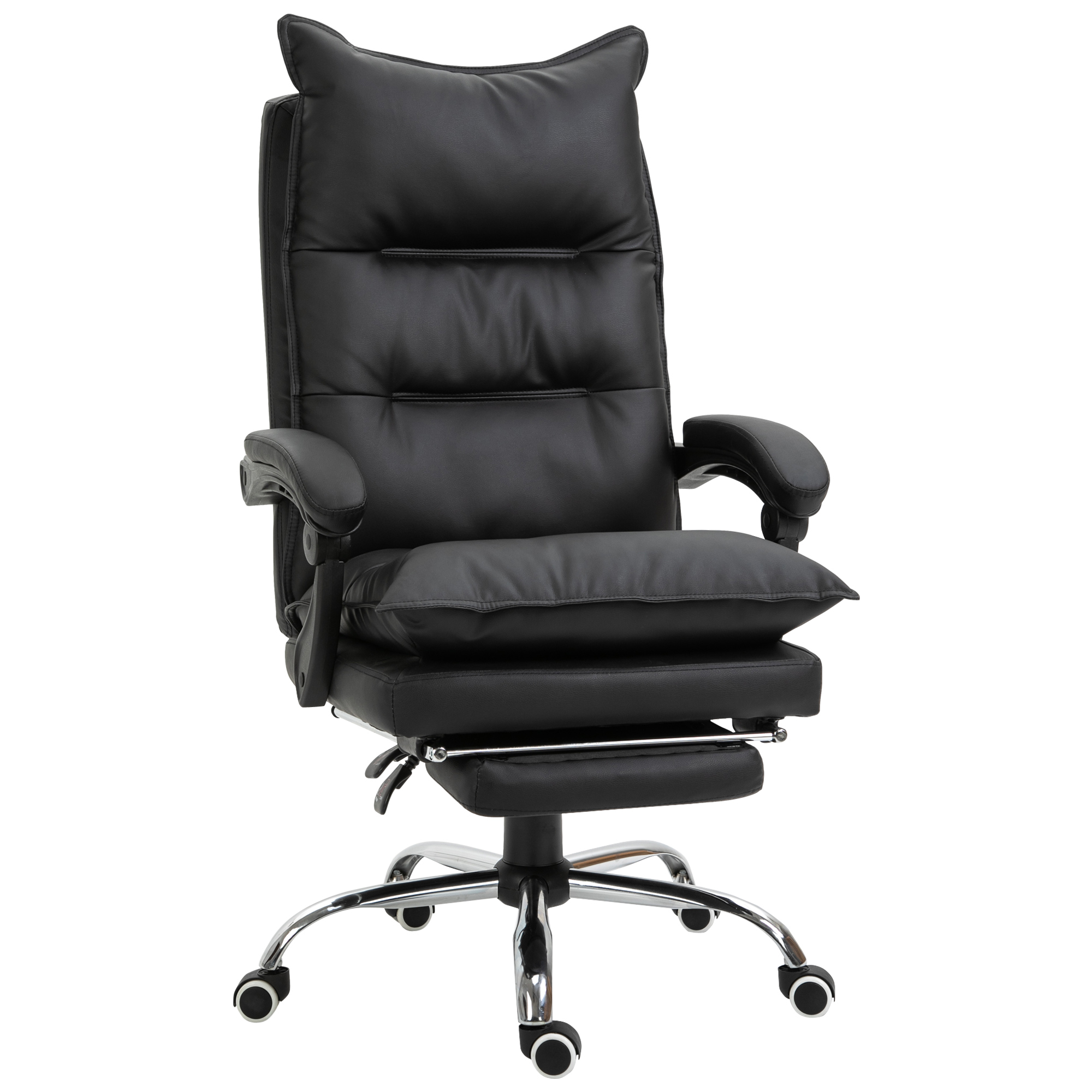 Sedia da ufficio in pelle nera con poggiapiedi e schienale alto.