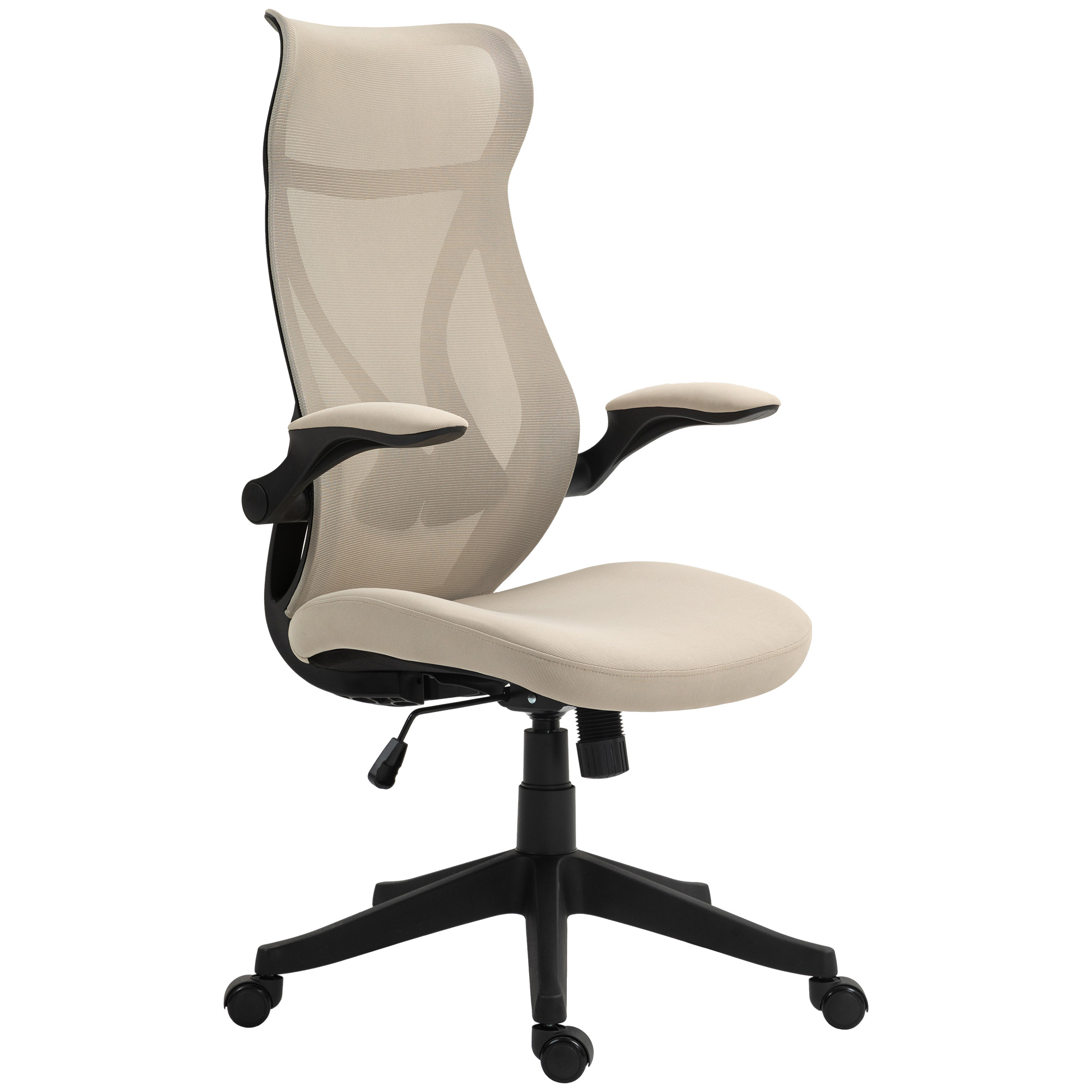 Sedia da ufficio beige con schienale in rete, dettagli neri e ruote su sfondo bianco.