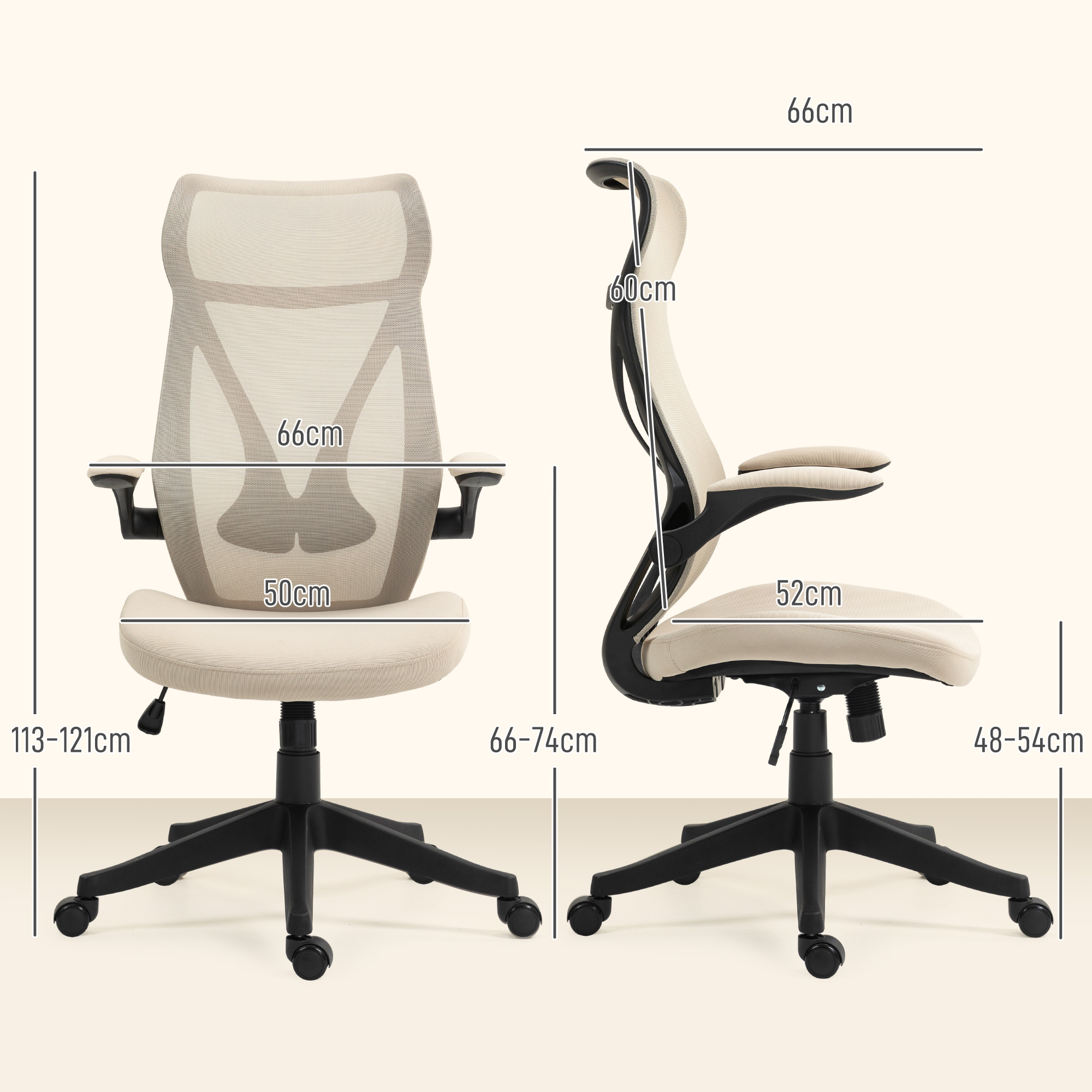 Sedia da ufficio beige con misure etichettate su sfondo bianco.