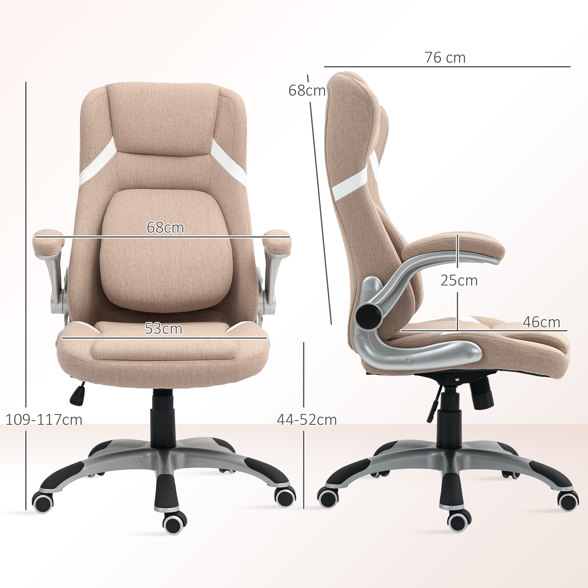 Sedia da ufficio beige con dimensioni: 109-117cm altezza, 68cm larghezza, su sfondo bianco.