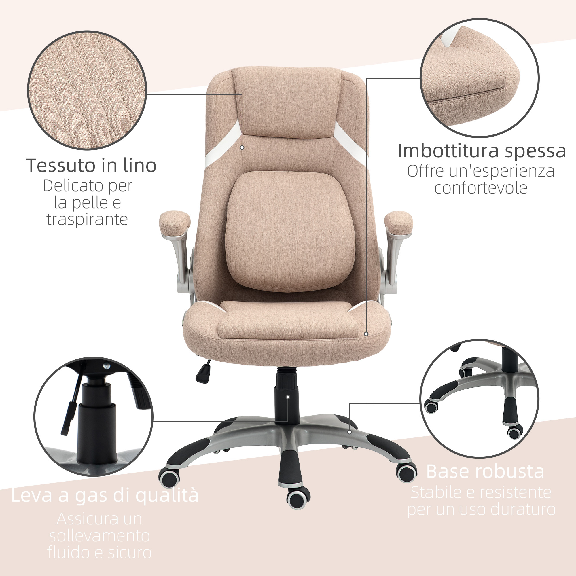 Sedia da ufficio beige con dettagli etichettati. Tessuto di lino, imbottitura spessa, leva a gas e base robusta.