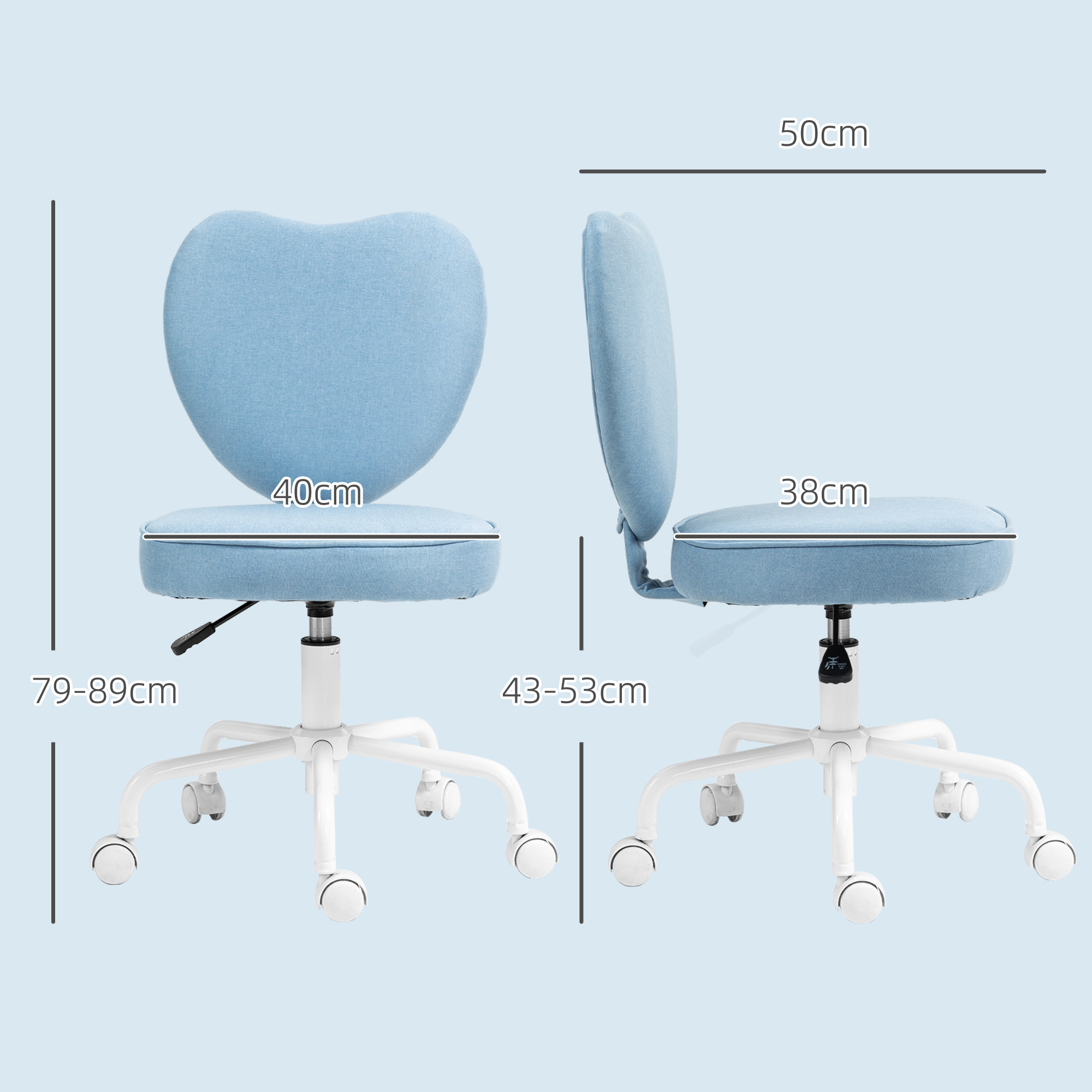 Sedia blu con schienale a cuore, con dimensioni. Base bianca, ruote e regolazione altezza.