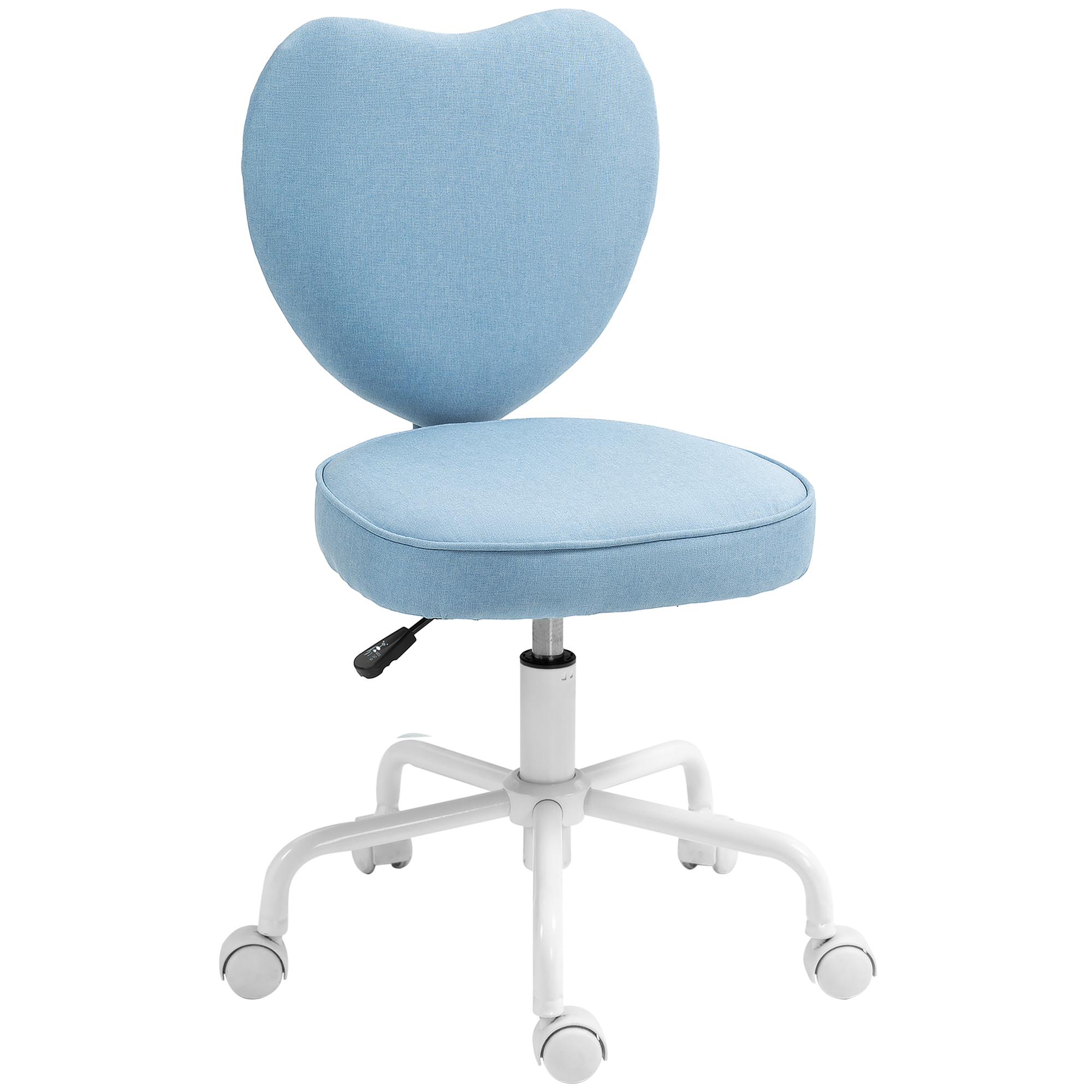Sedia blu con schienale a forma di cuore su telaio bianco con ruote.