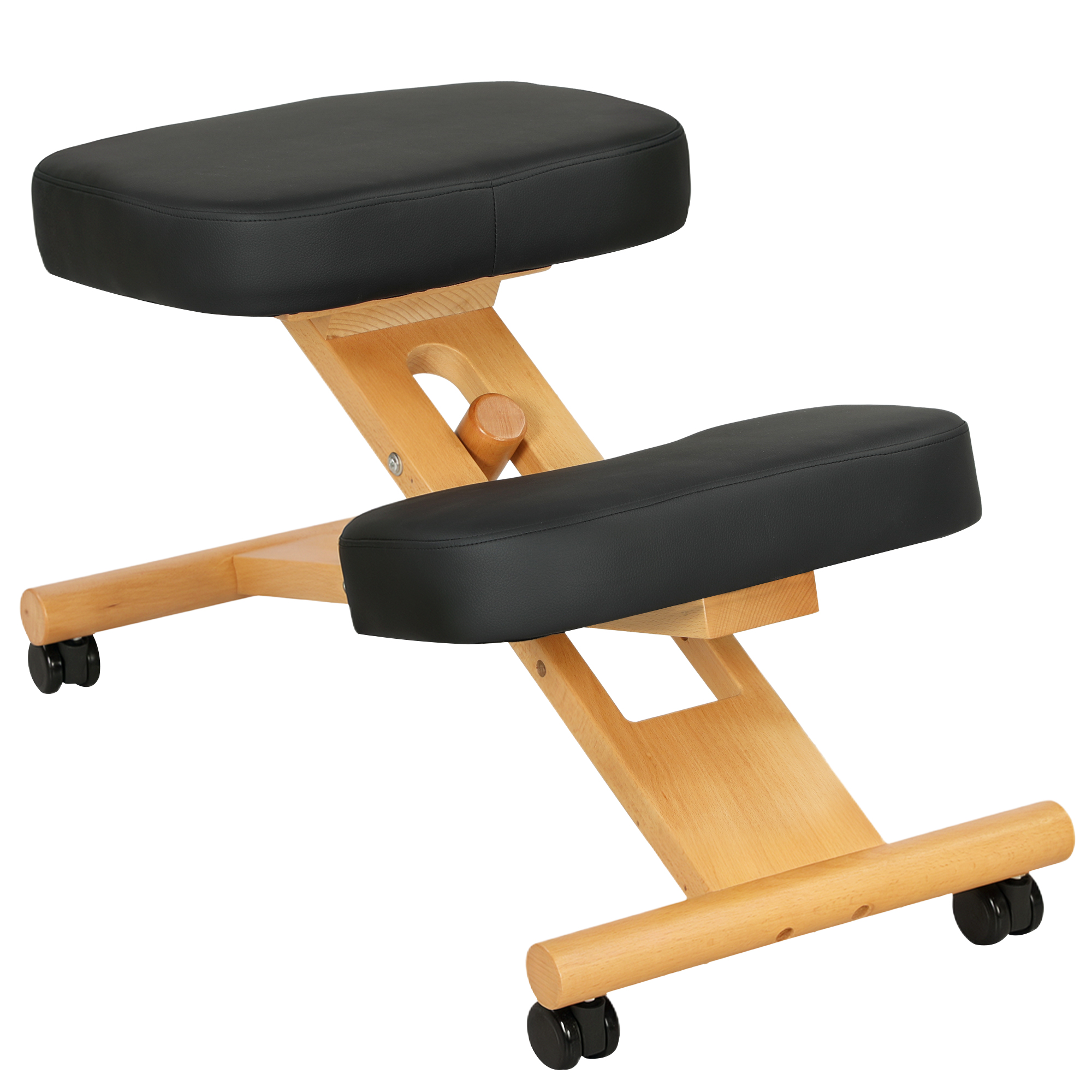 Sedia in ginocchio in legno con seduta e cuscinetti per le gambe neri con ruote.