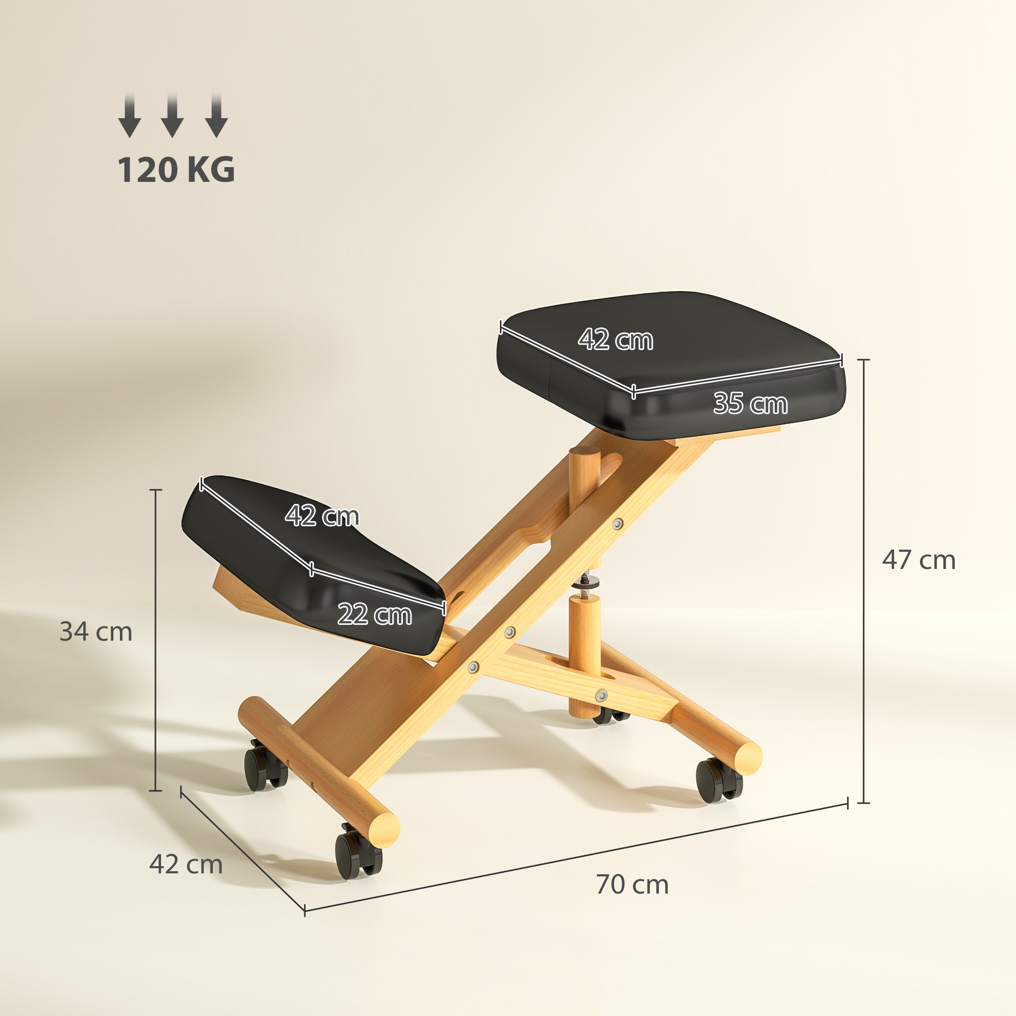 Sedia ergonomica in ginocchio con dimensioni. Seduta e ginocchiere imbottite nere, telaio in legno e ruote.