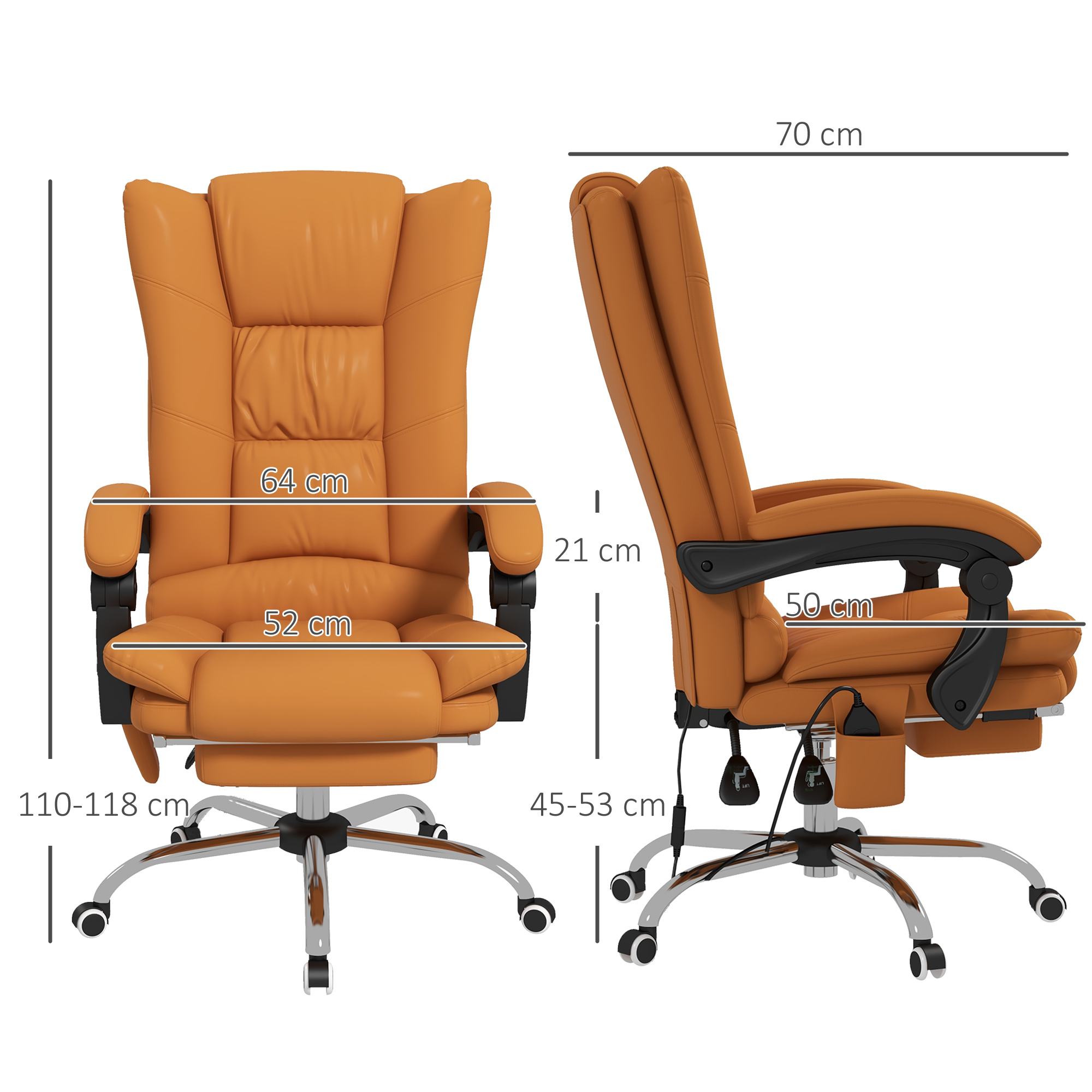 Sedia da ufficio in pelle arancione con poggiapiedi e dimensioni. Base cromata. Misure in cm.