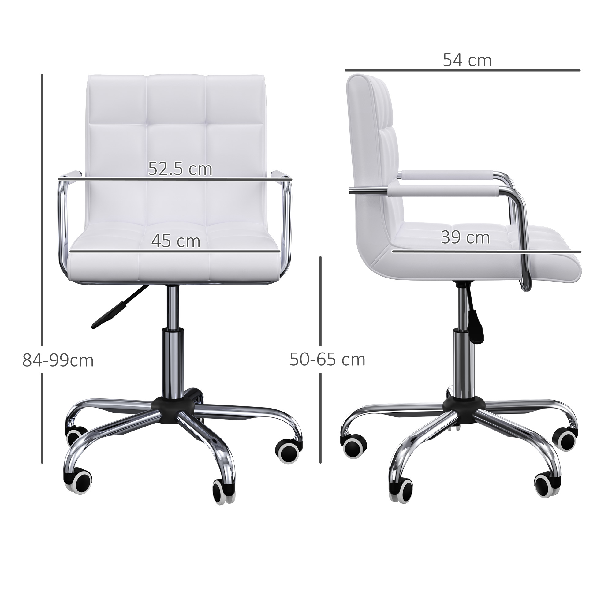 Sedia da ufficio bianca con misure dimensionali.