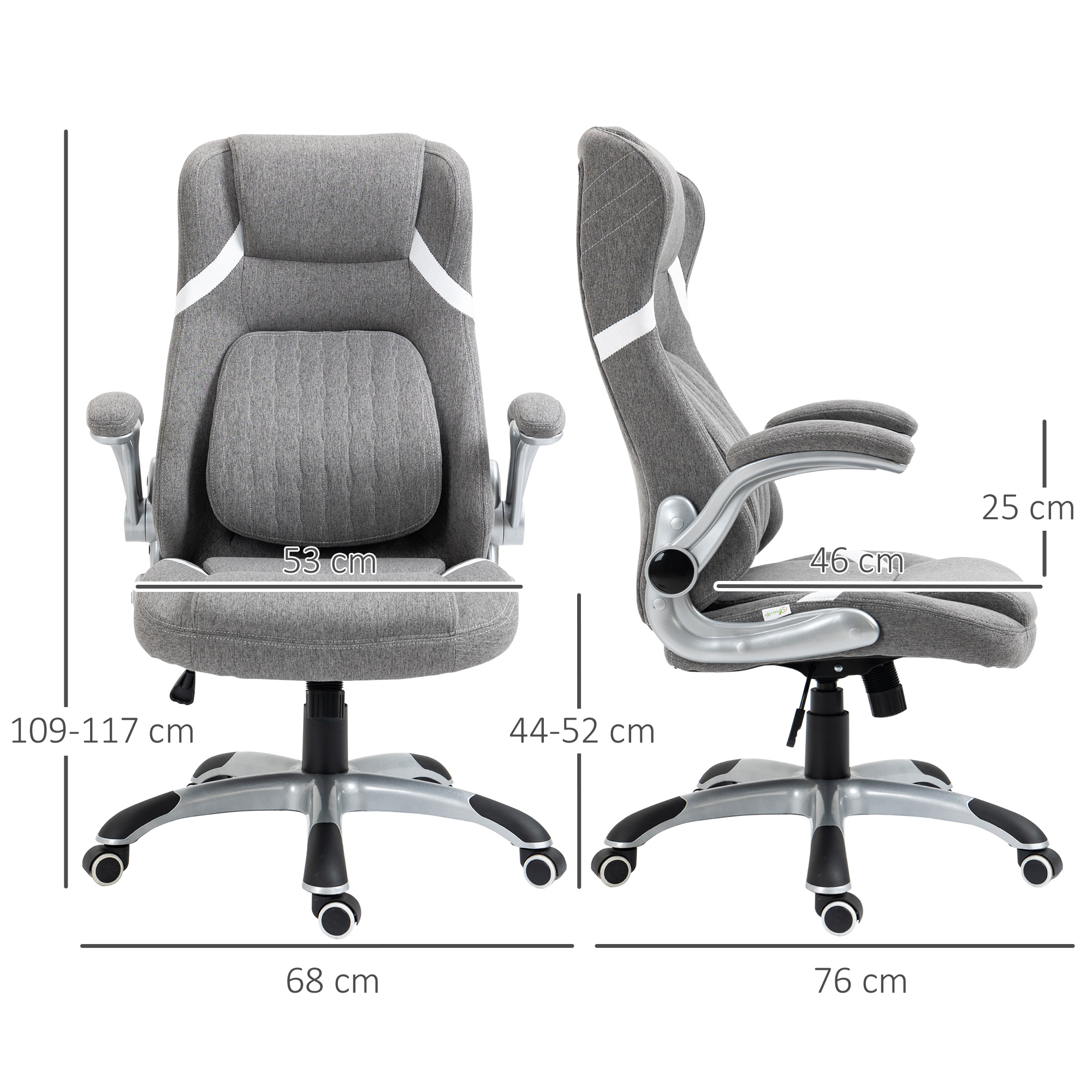 Sedia da ufficio grigia con dimensioni: 109-117cm altezza, 68cm larghezza, su sfondo bianco.