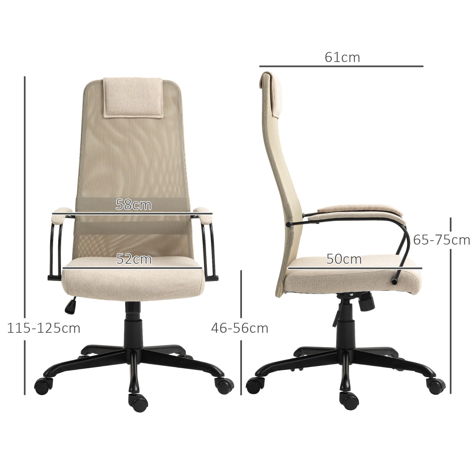Dimensioni della sedia da ufficio. Schienale e braccioli in rete beige, base nera, sfondo bianco.