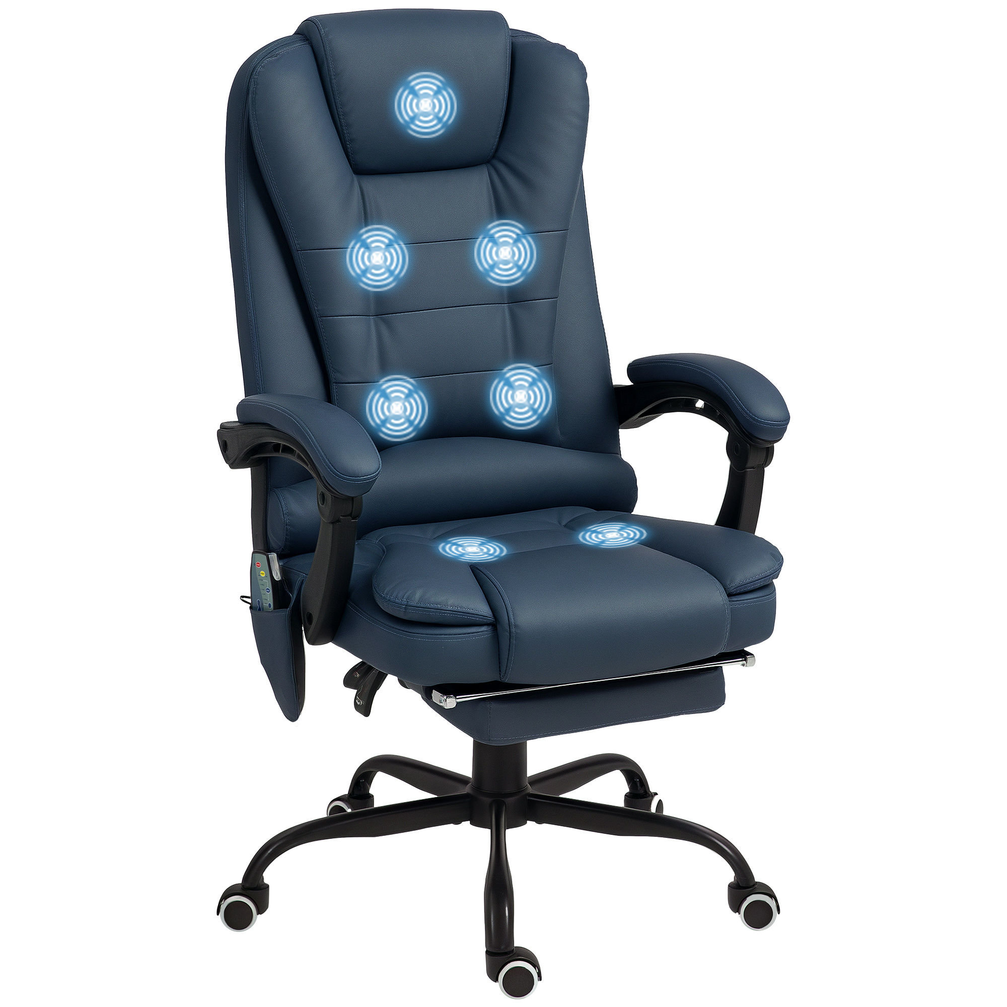 Poltrona massaggiante blu con punti massaggianti blu. Ha un poggiapiedi e base nera.