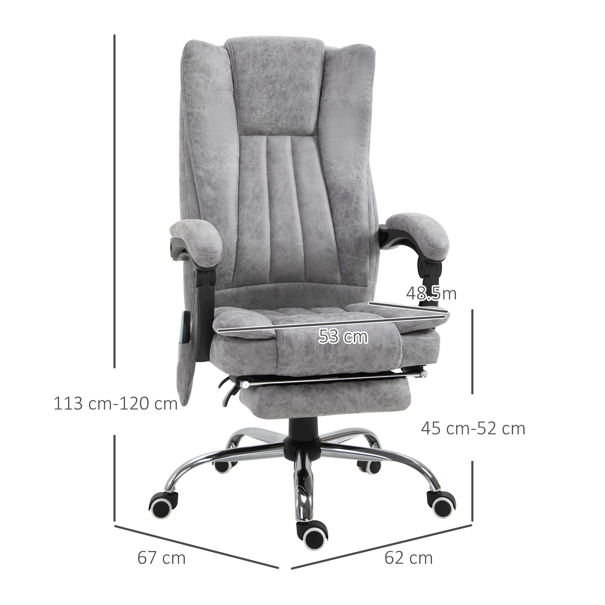 Sedia da ufficio grigia con dimensioni indicate. Misure in centimetri.