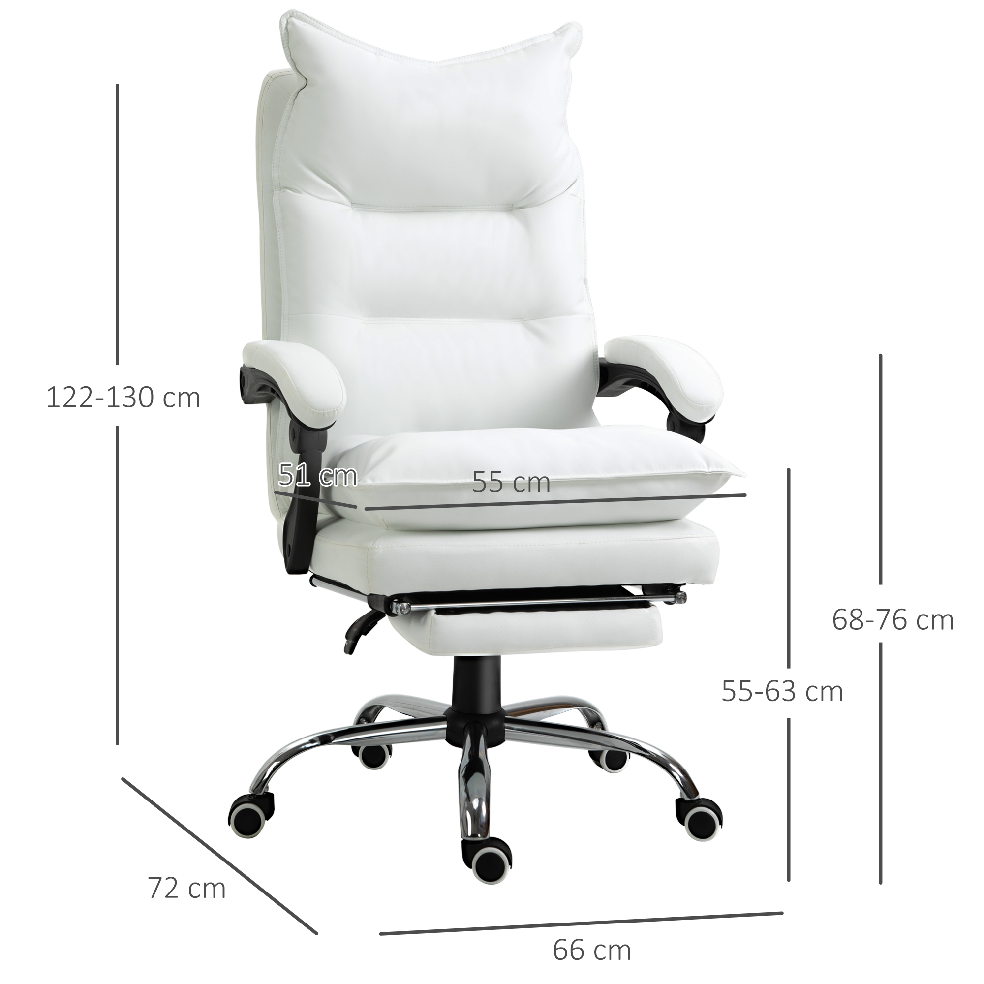 Sedia da ufficio in pelle bianca con poggiapiedi. Le misure sono visibili.