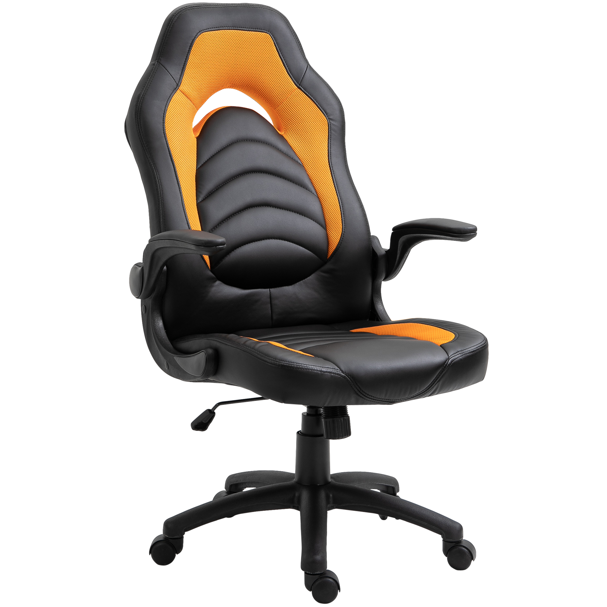 Sedia da gaming nera e arancione con poggiatesta e braccioli, isolata su bianco.