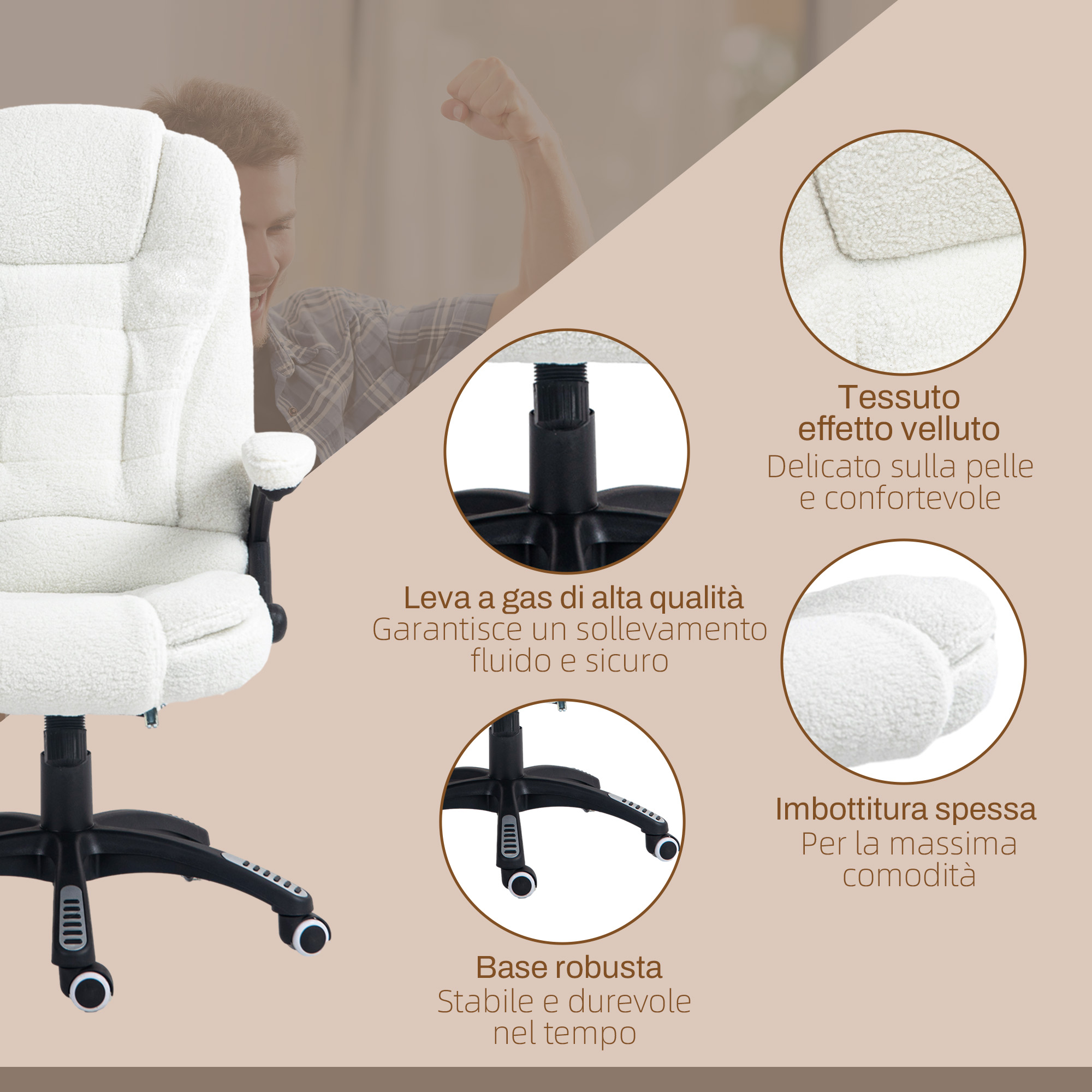 Sedia da ufficio bianca con una persona sullo sfondo. Viste dettagliate delle caratteristiche della sedia.