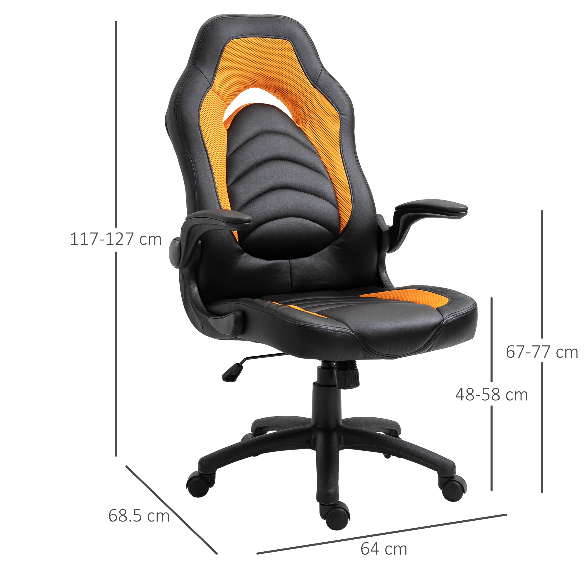 Sedia da gaming con dettagli neri e arancioni, dimensioni etichettate.