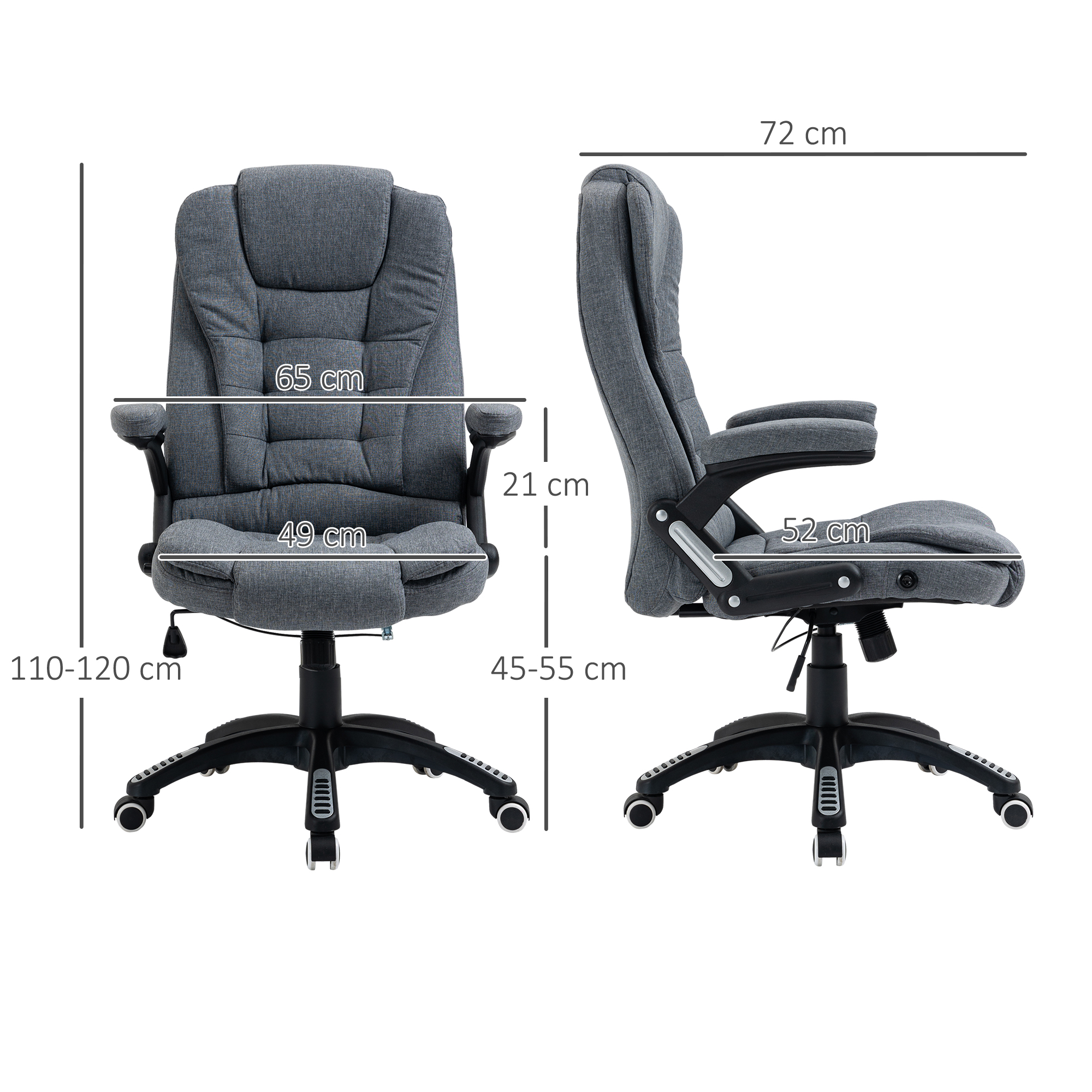 Sedia da ufficio grigia con dimensioni indicate, misure in centimetri.