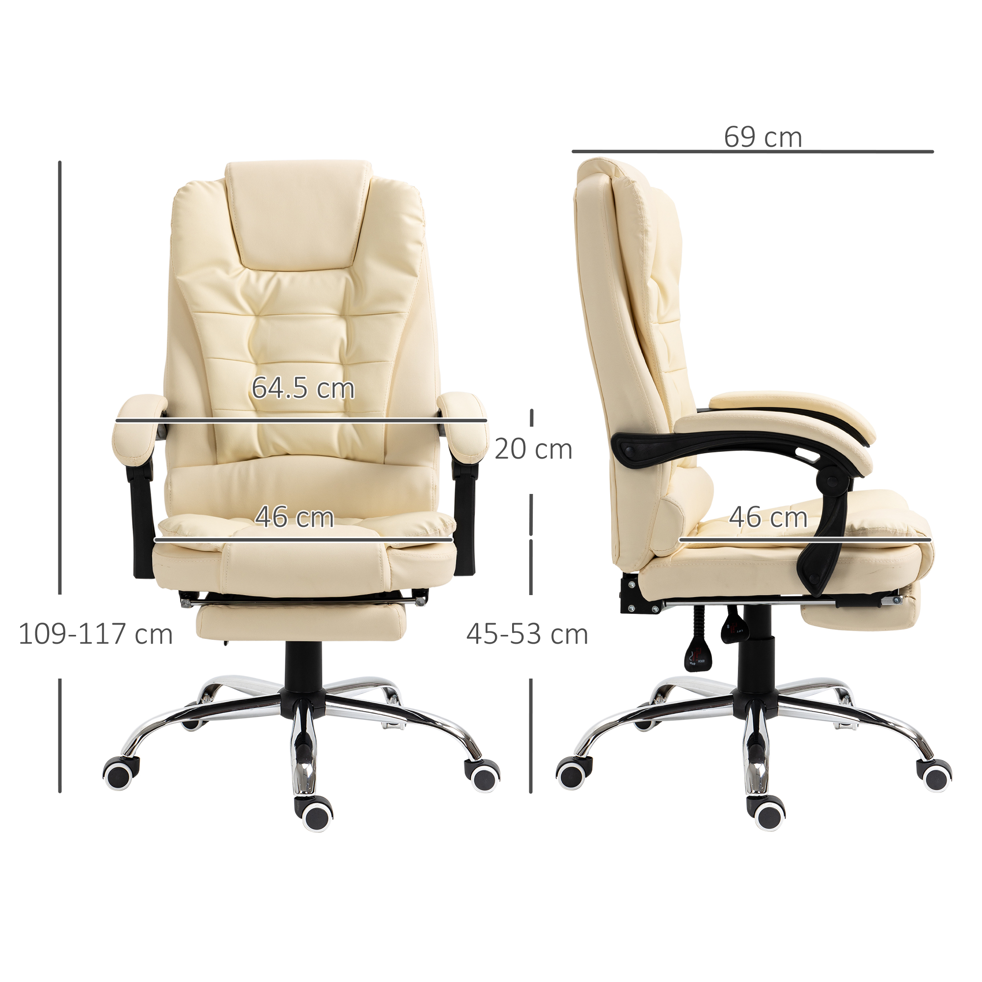 Una sedia da ufficio color crema con misure visualizzate. Ha un poggiapiedi, braccioli e una base cromata con ruote.
