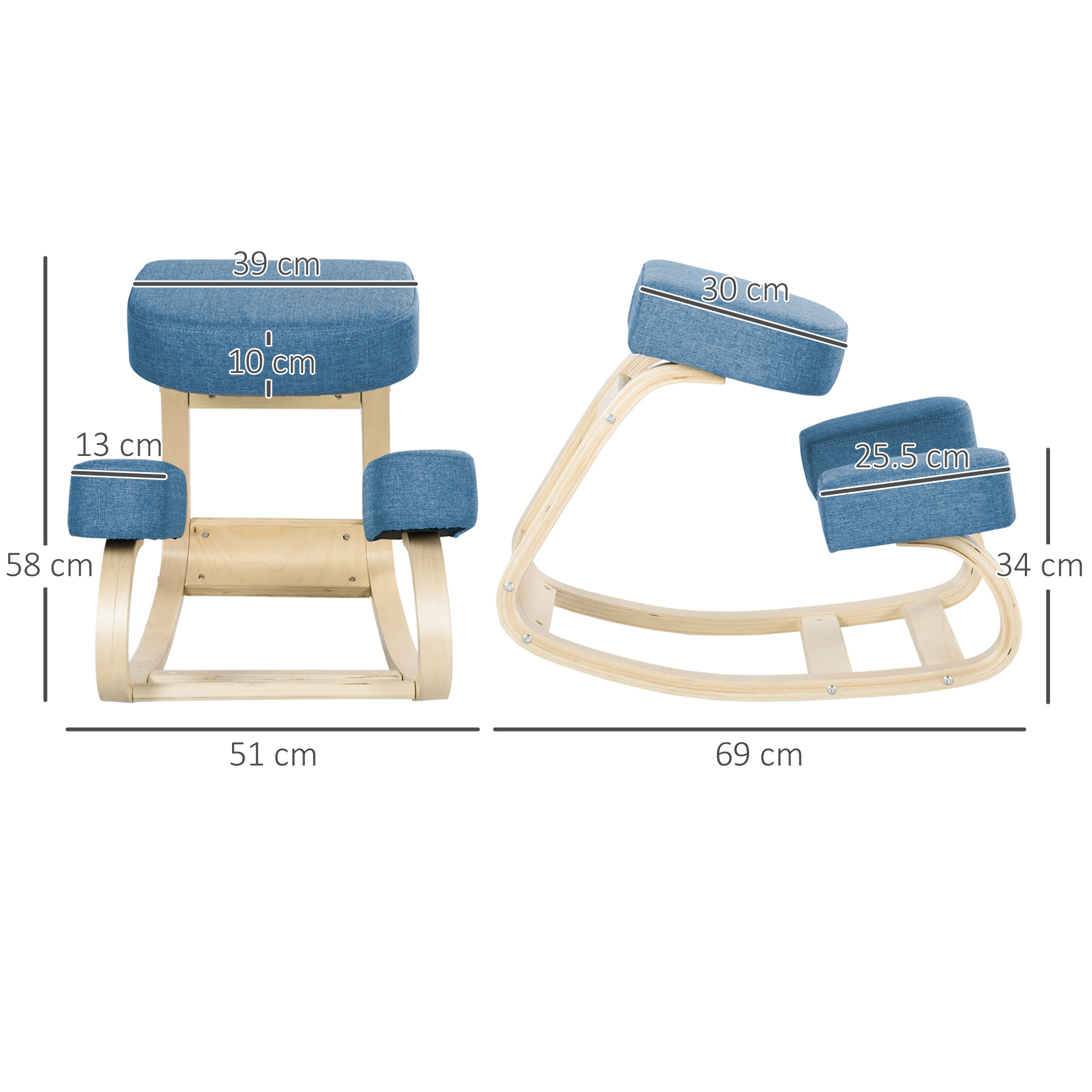 Sedia in ginocchio in legno con cuscini blu. Le misure sono indicate.
