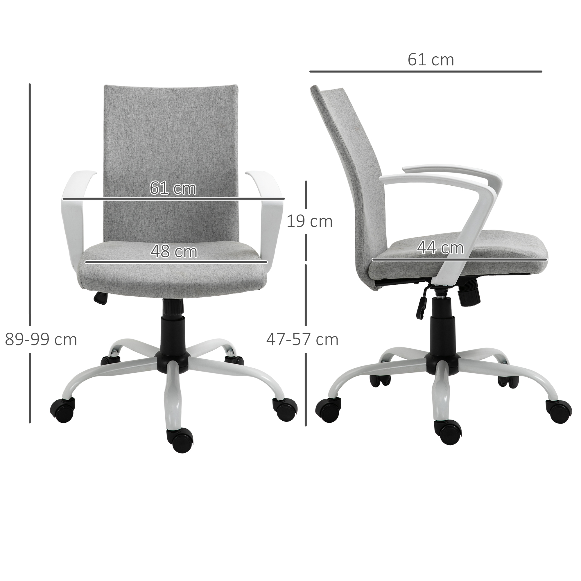 Sedia da ufficio bianca con dimensioni espresse in centimetri, vista di lato e di fronte.