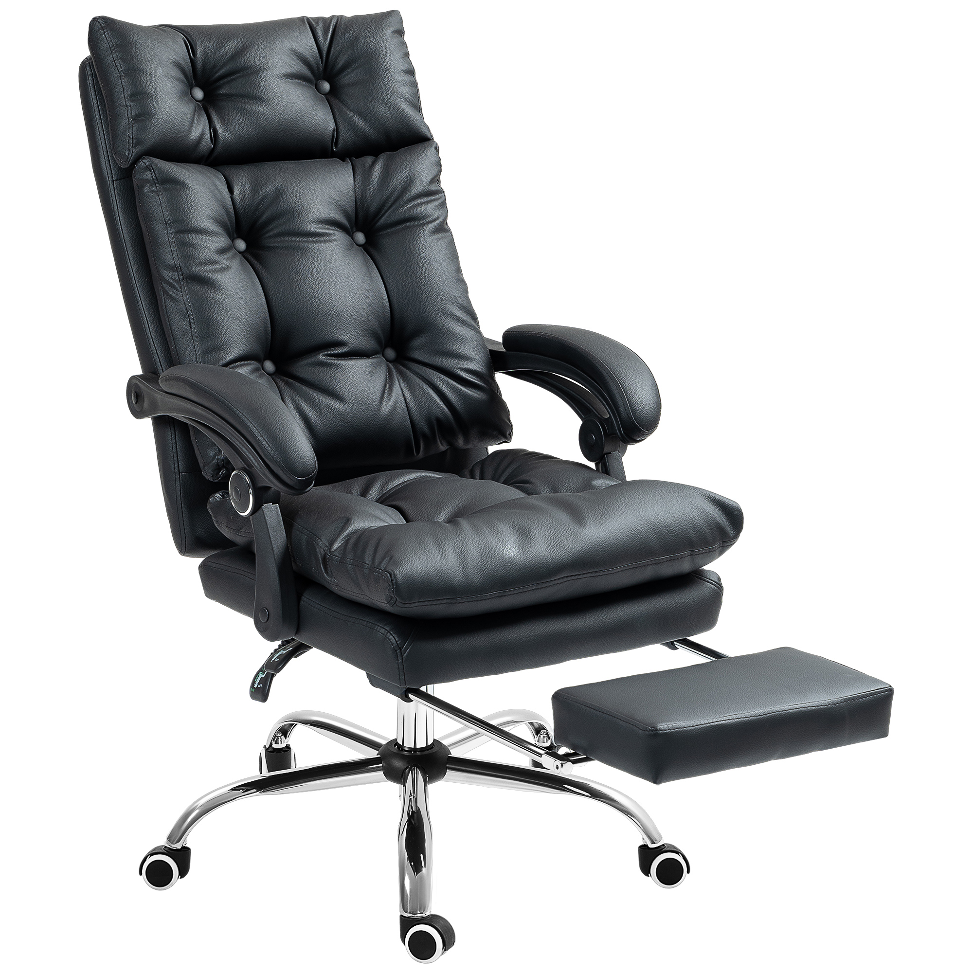 Sedia da ufficio in pelle nera con poggiapiedi. Base cromata e braccioli neri. Sfondo bianco.