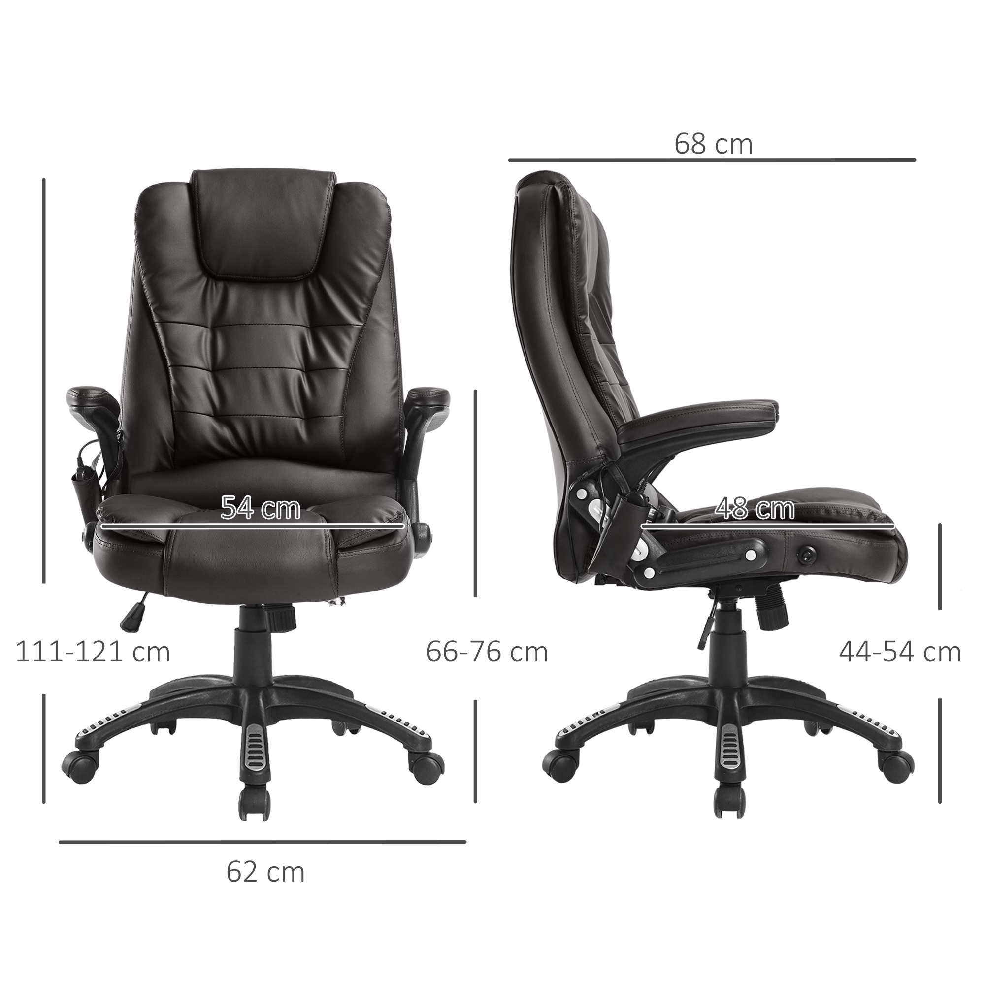 Schwarzer Bürostuhl mit markierten Abmessungen. Der Stuhl hat eine Kopfstütze, Armlehnen und Rollen.