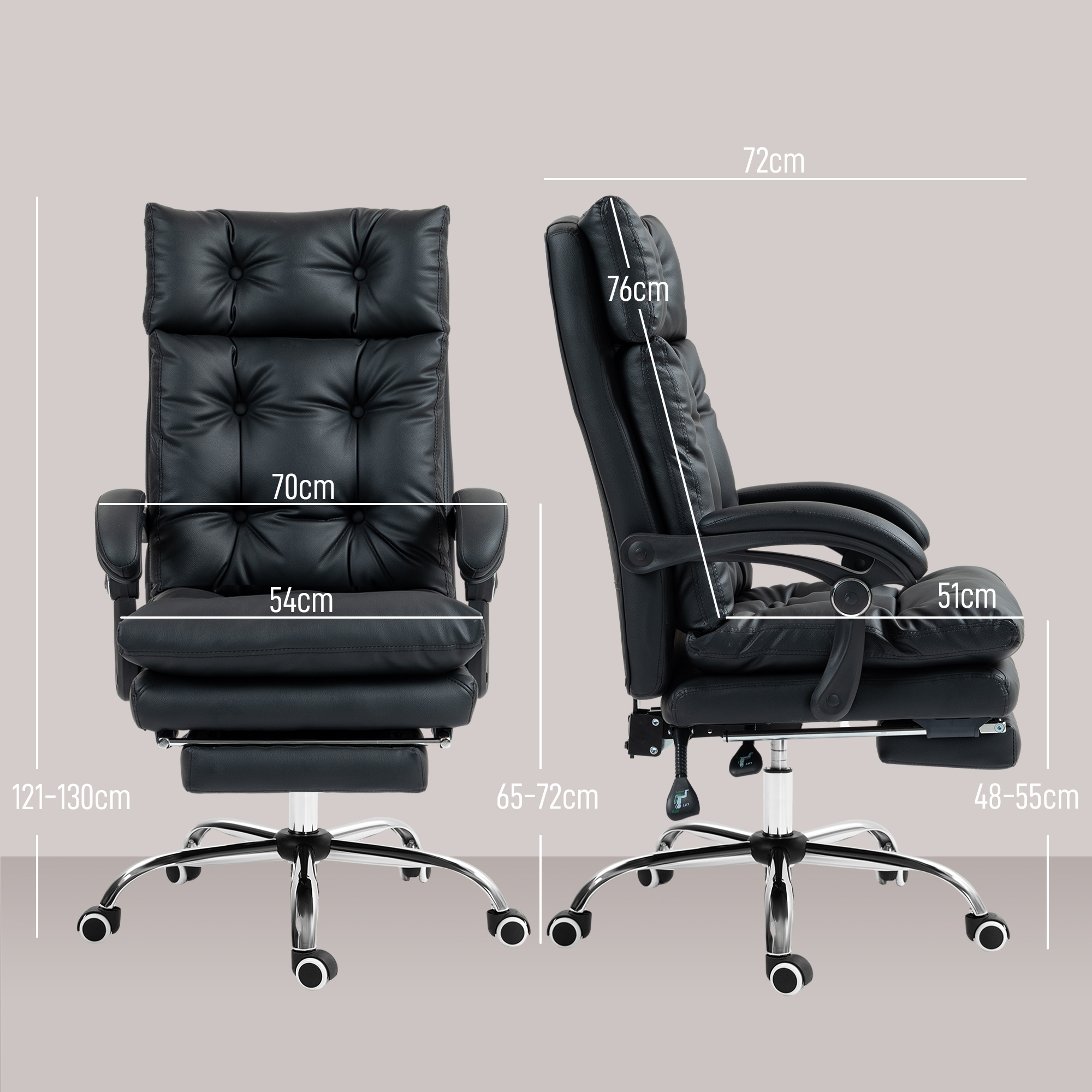 Dimensioni di una sedia da ufficio in pelle nera con poggiapiedi. Misure visualizzate.