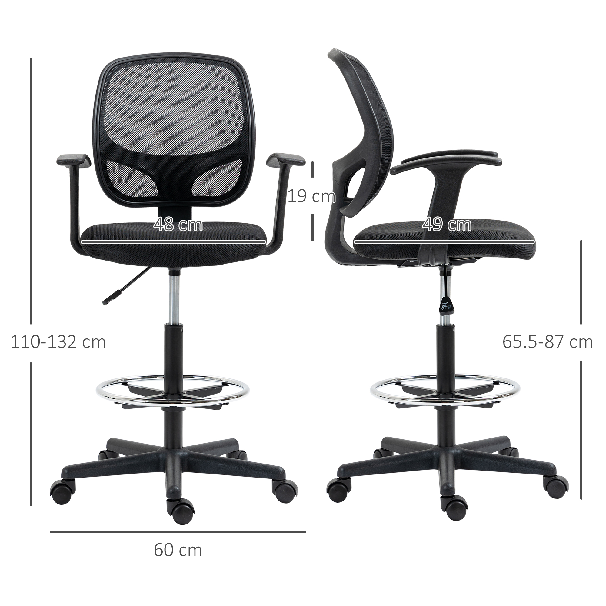 Due viste di una sedia da ufficio in rete nera, con misure indicate sull'immagine.