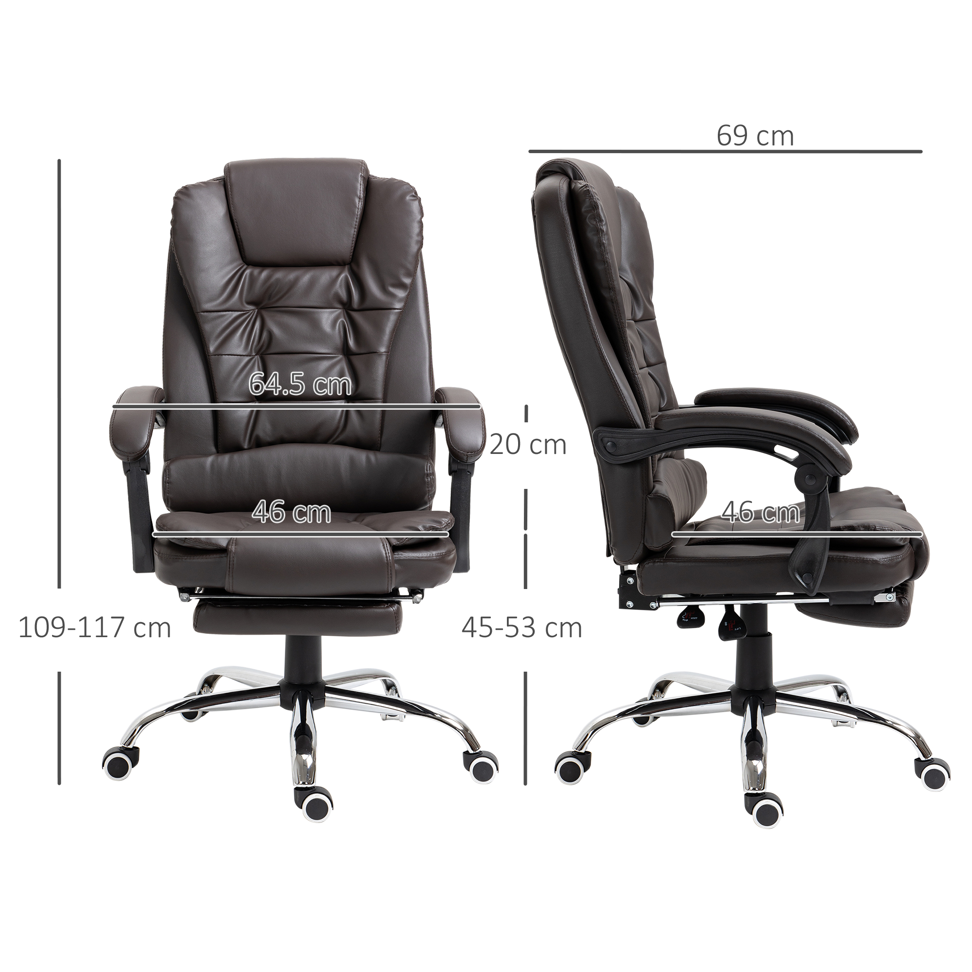 Diagramma di una sedia da ufficio marrone con dimensioni. Sfondo bianco.