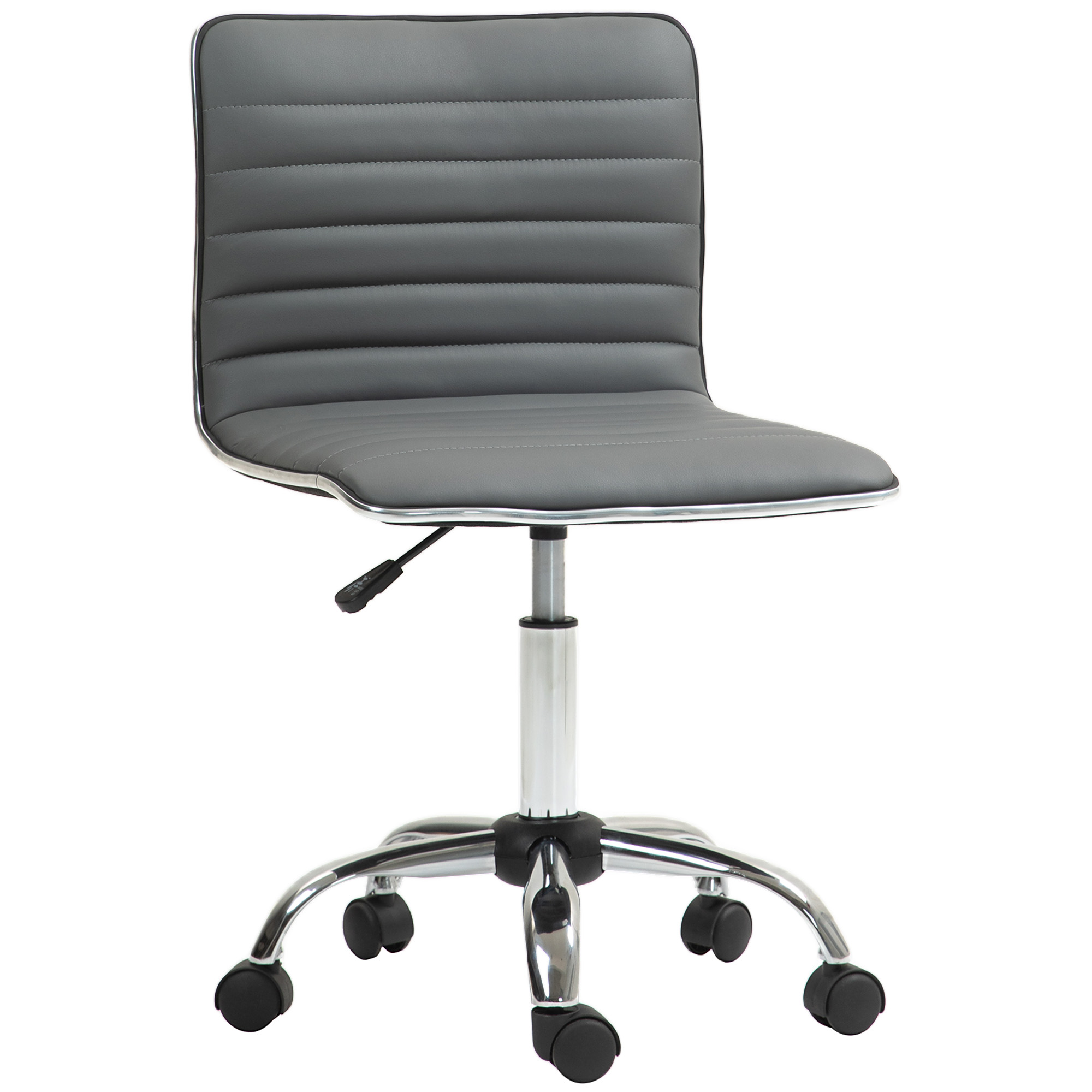 Sedia da ufficio grigia con linee orizzontali, base cromata. La sedia si trova in una stanza con sfondo bianco.