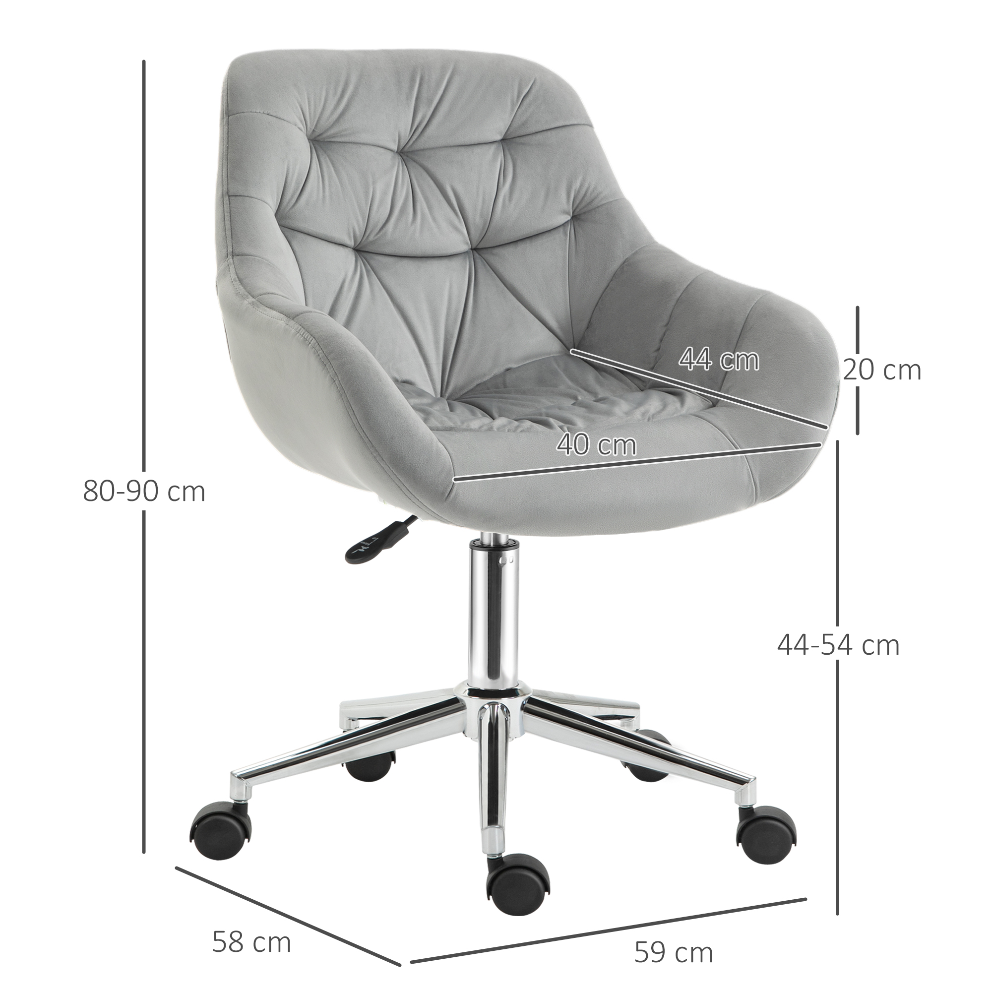 Sedia da ufficio grigia con misure. Dimensioni in cm. Ha le ruote. Isolato su sfondo bianco.