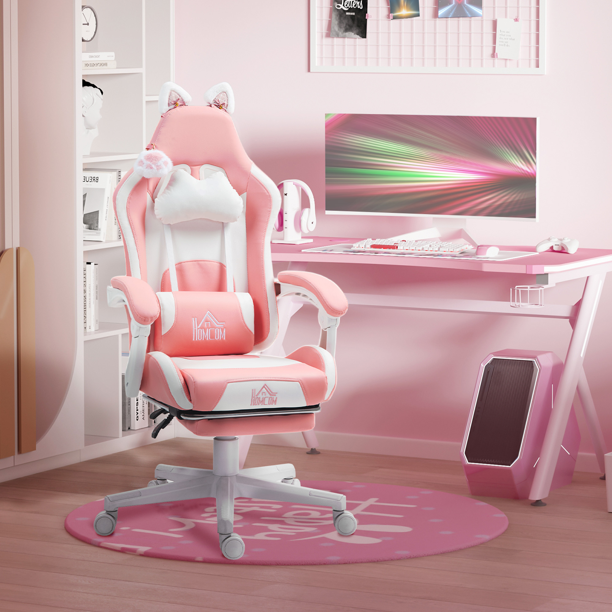 Configuración de juego rosa con silla de orejas de gato, escritorio y accesorios. Decoración rosa.