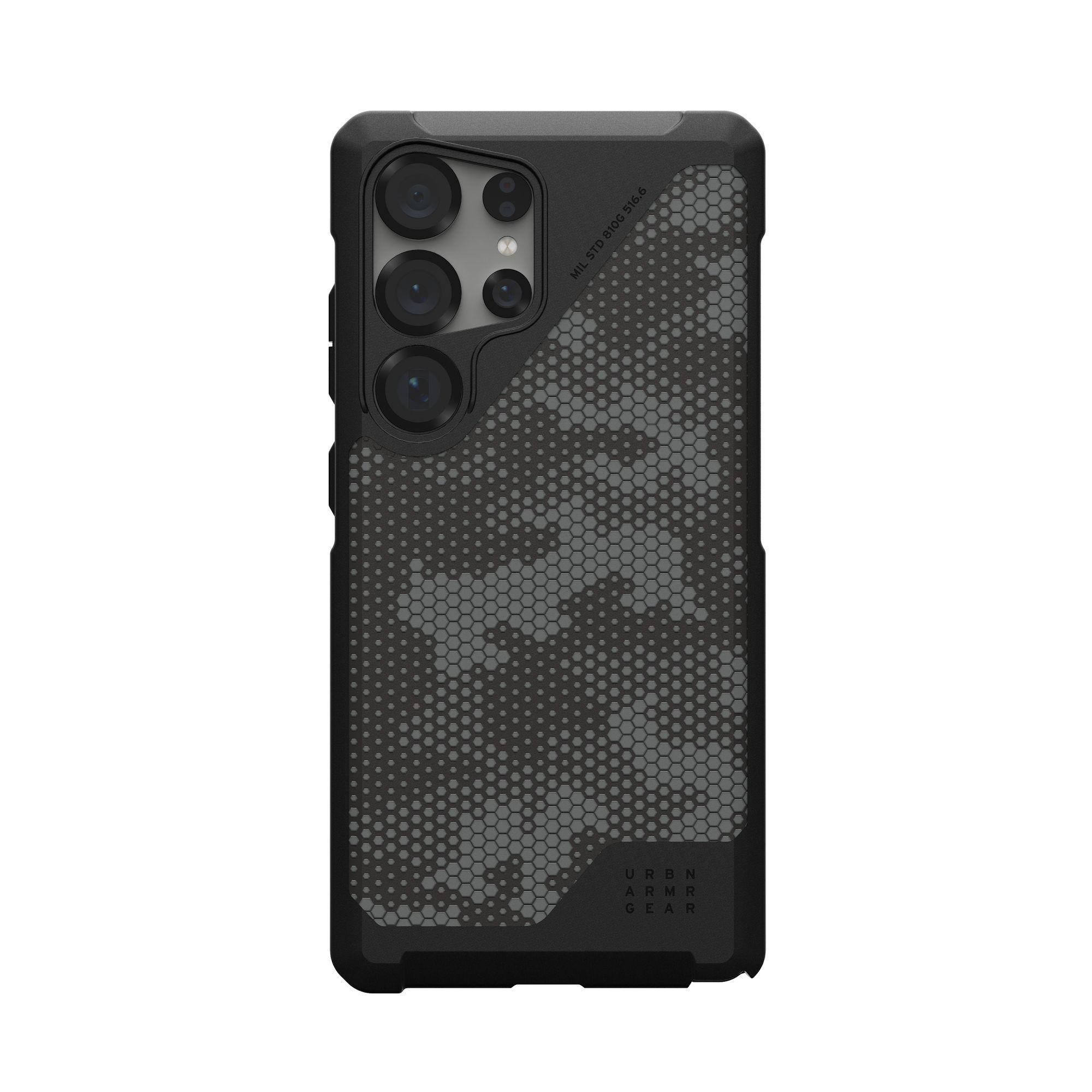 Schwarze Handyhülle mit Wabenmuster und Kameraausschnitten. Text: URBAN ARMOR GEAR.