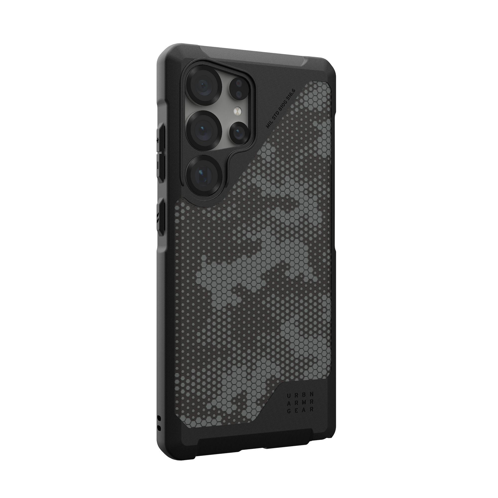 Eine Handyhülle mit hexagonalem Camouflage-Muster, Kameraausschnitten und dem UAG-Logo, auf weißem Hintergrund.