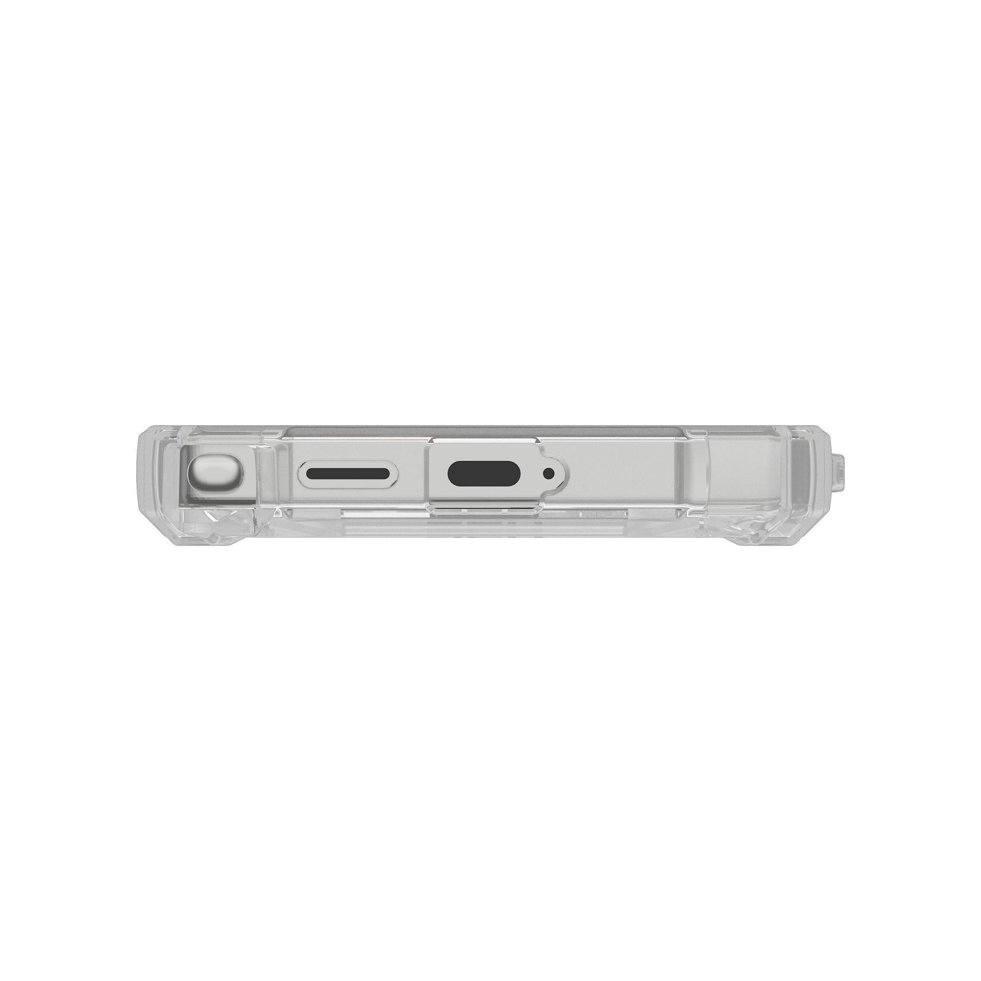 Custodia trasparente per telefono con aperture per porte, pulsanti e fotocamera.