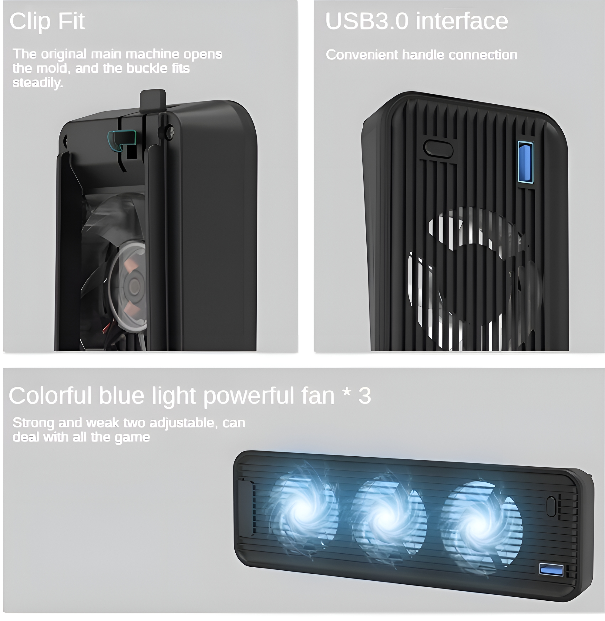 Schwarzes Gerät mit internem Lüfter. Unten drei blau beleuchtete Lüfter. Text: Clip Fit, USB3.0-Schnittstelle...