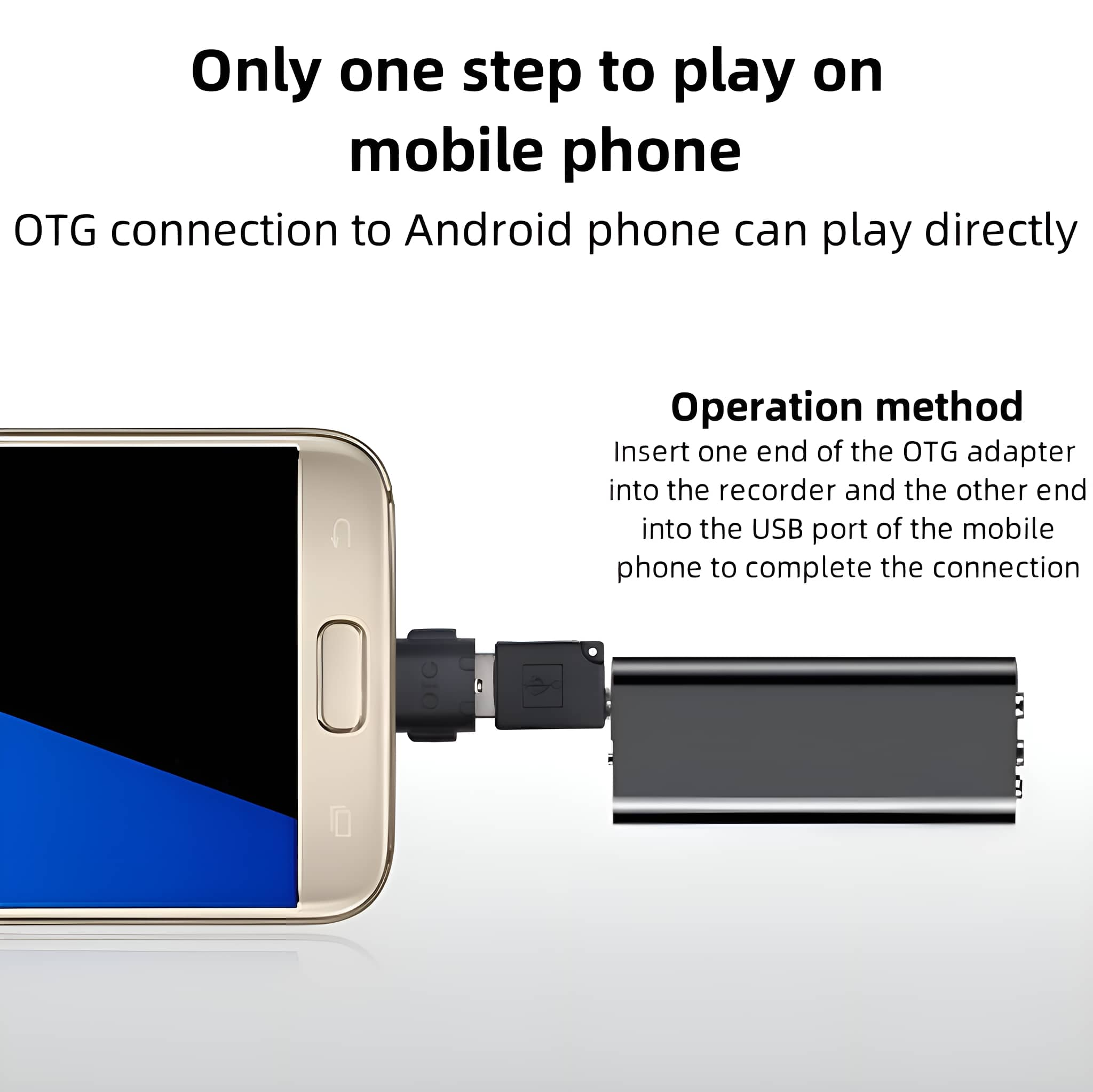 Diagramm, das ein Telefon zeigt, das über einen OTG-Adapter mit einem Gerät verbunden ist, für die mobile Nutzung.