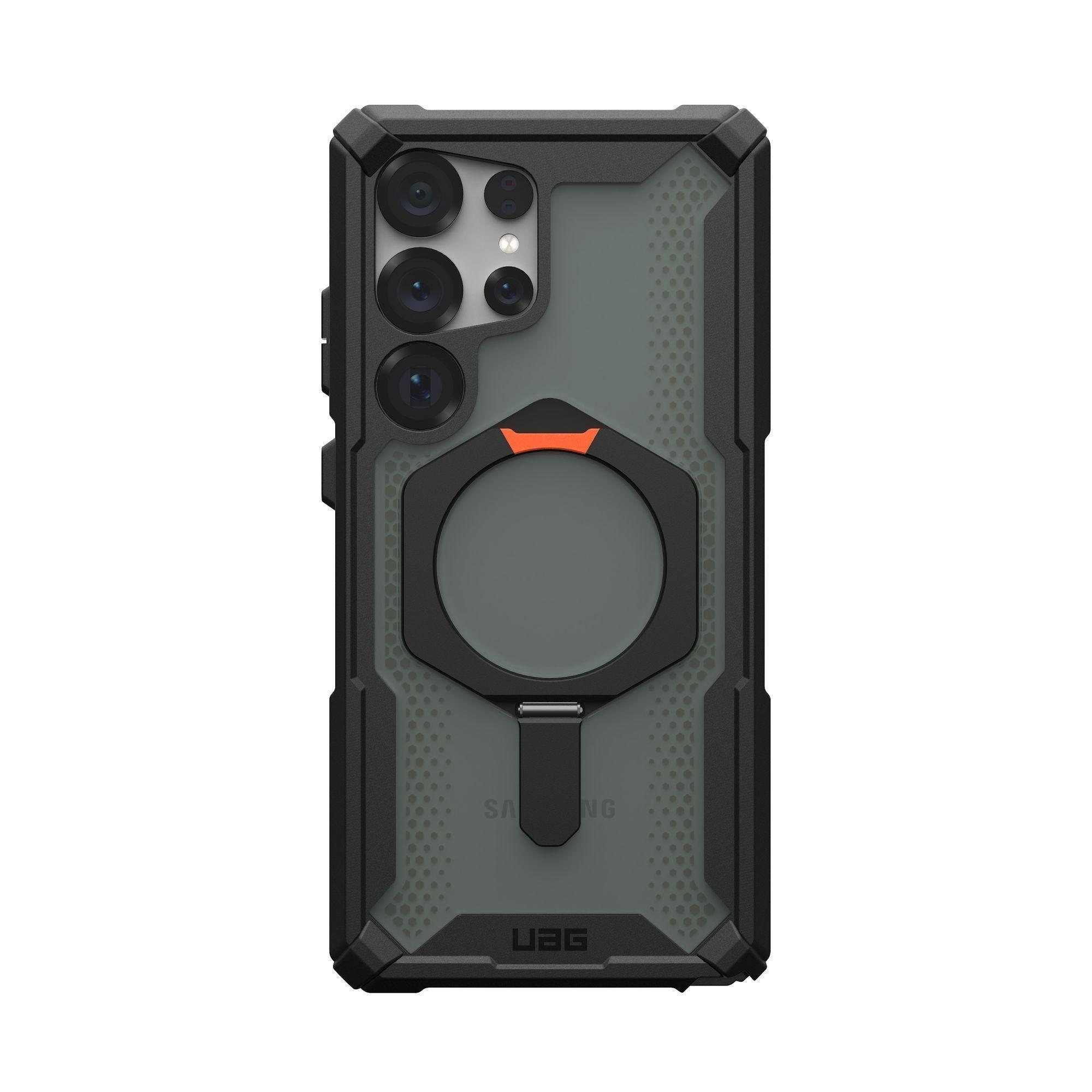 Funda de teléfono con parte trasera gris oscuro, bordes negros, anillo naranja y recortes de cámara.
