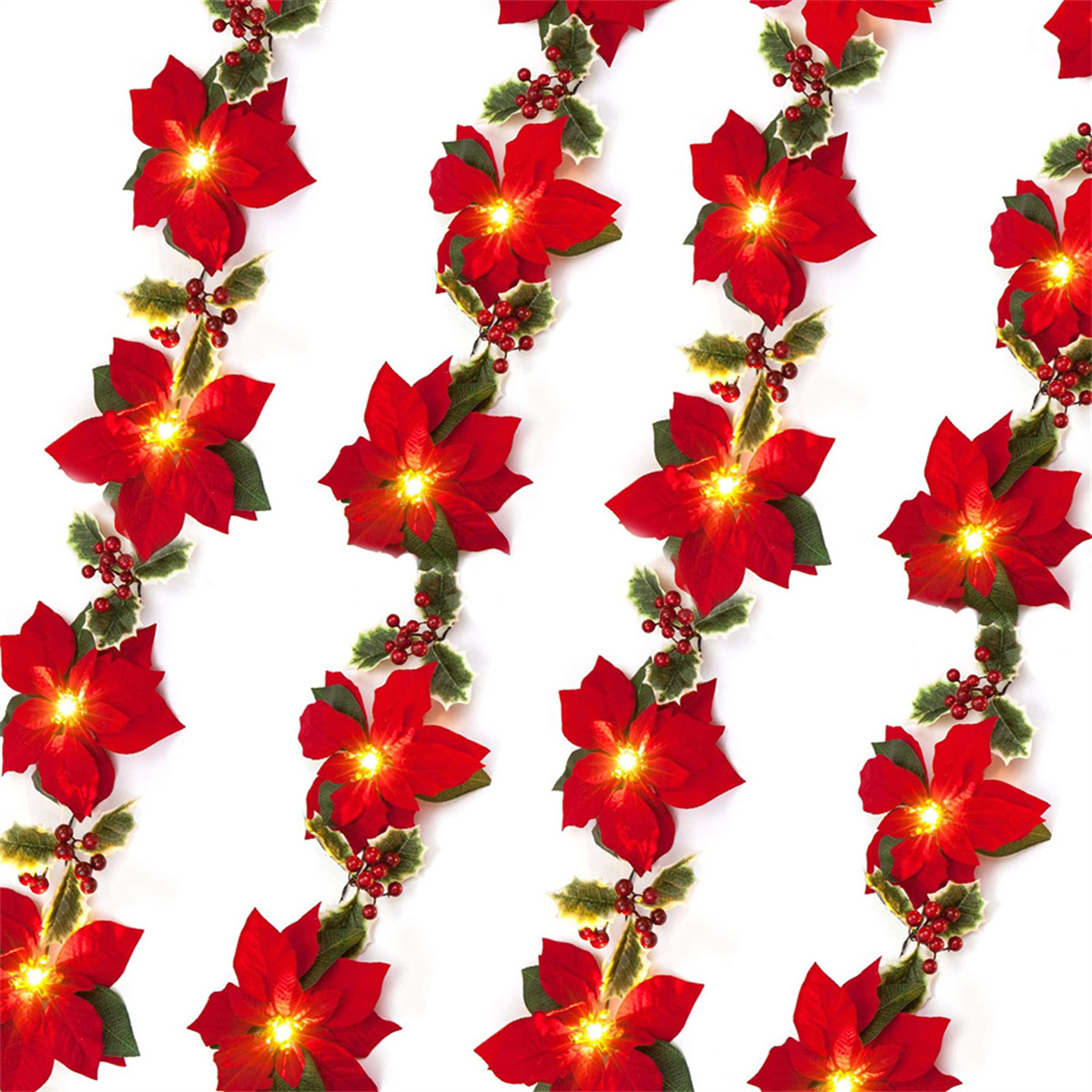 Wiederholendes Muster aus roten Weihnachtssternen mit grünen Blättern und roten Beeren auf weißem Hintergrund.