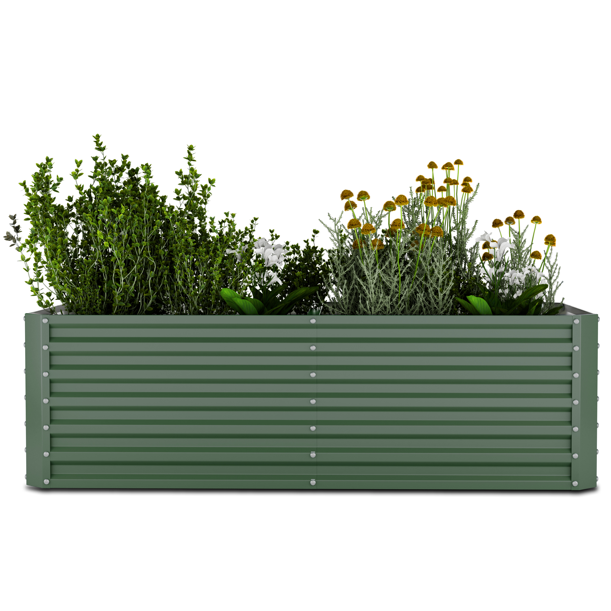 Ein grünes, erhöhtes Beet aus Metall, gefüllt mit Pflanzen und Blumen.