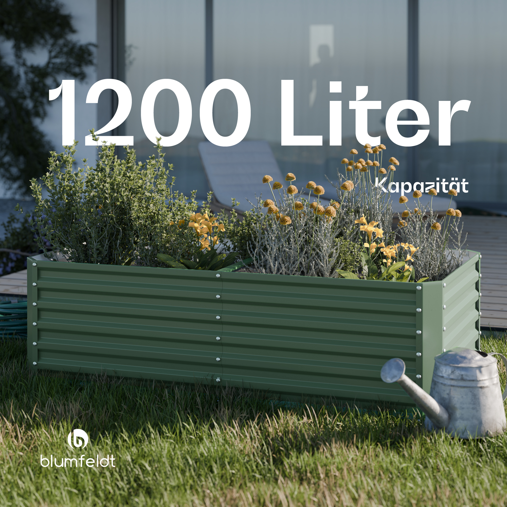 Ein grünes, rechteckiges Gartenbeet mit Pflanzen und einer Gießkanne. Der Text lautet 1200 Liter.