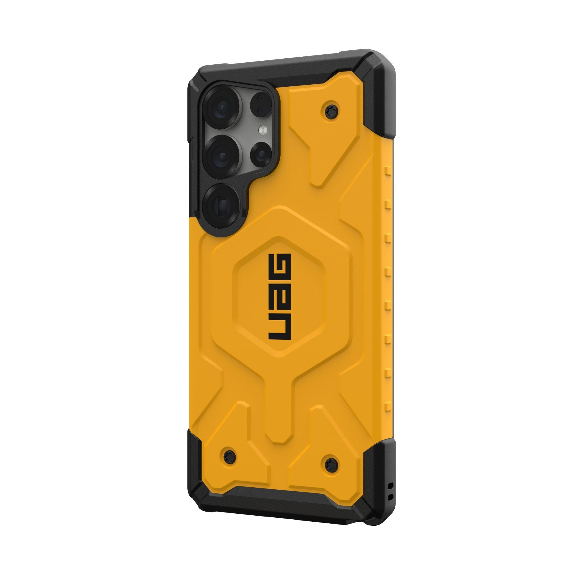 Una custodia per telefono UAG gialla e nera con un design robusto. Protegge il telefono con una forma unica.