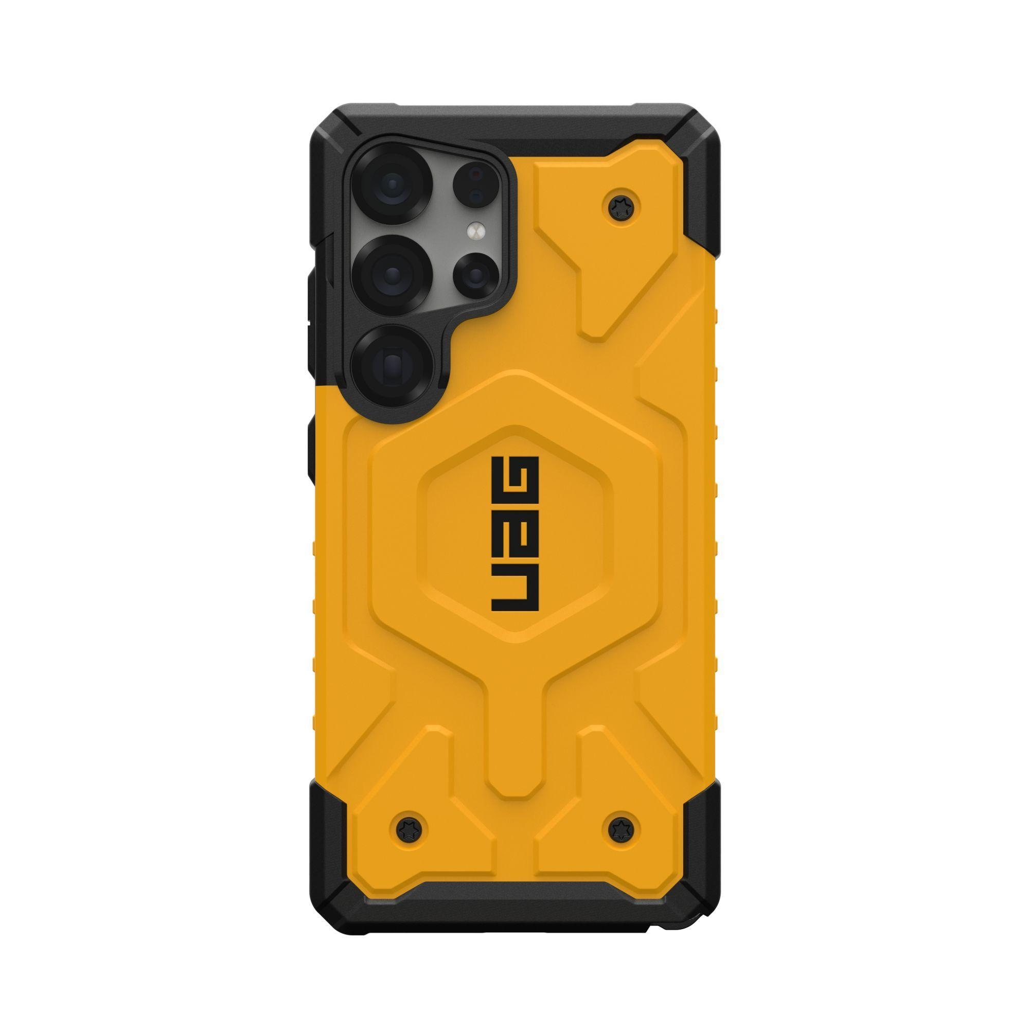 Custodia per telefono gialla e nera con logo UAG.