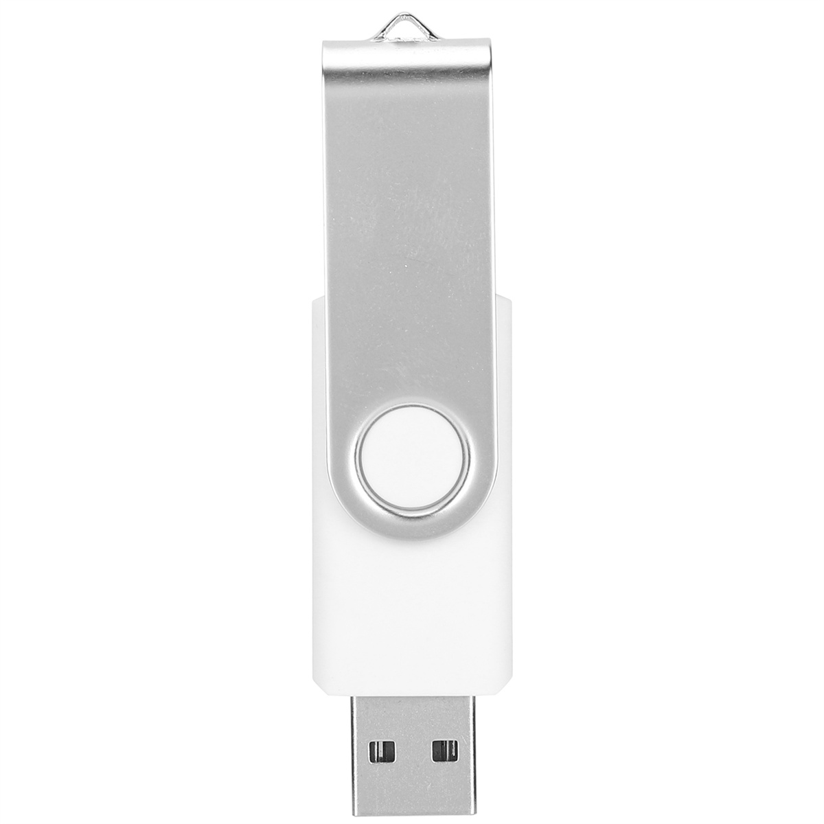 Ein silberner und weißer USB-Stick mit einer Schlaufe für ein Schlüsselband.