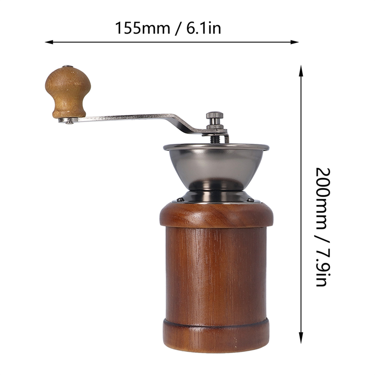 Manuelle Kaffeemühle aus Holz mit Maßen: 155 mm/6,1 Zoll breit und 200 mm/7,9 Zoll hoch.