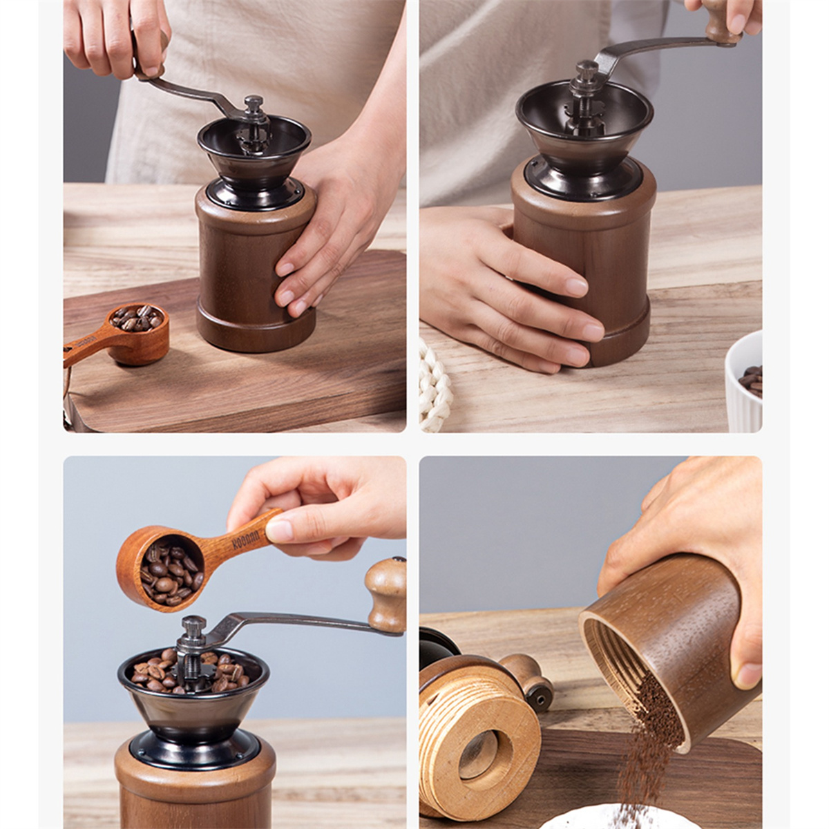 Vier Bilder, die das Kaffeemahlen zeigen. Eine braune Mühle, ein Holzschöpfer mit Bohnen, Kaffee wird gegossen.