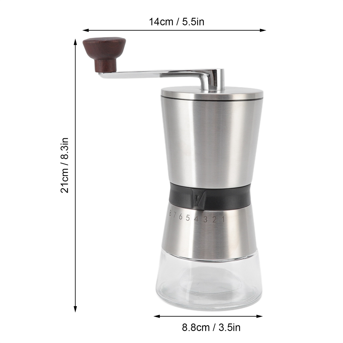 Eine manuelle Kaffeemühle mit Messungen und Abmessungen, auf weißem Hintergrund.