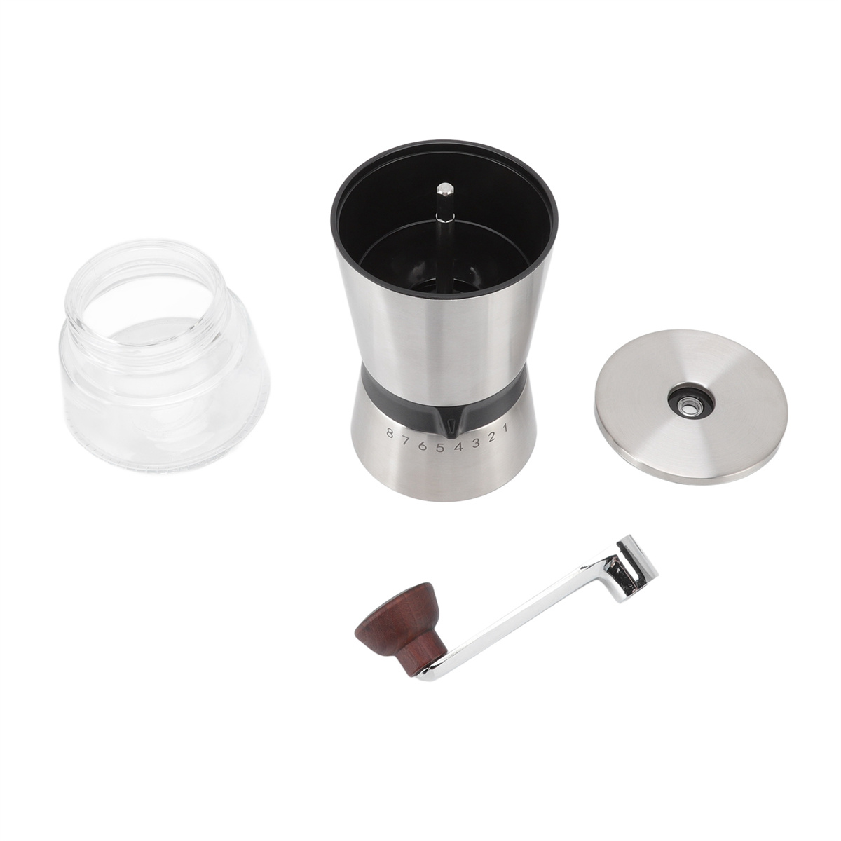 Kaffeemühle zerlegt. Glasbehälter, Deckel, Körper und Griff sind sichtbar.