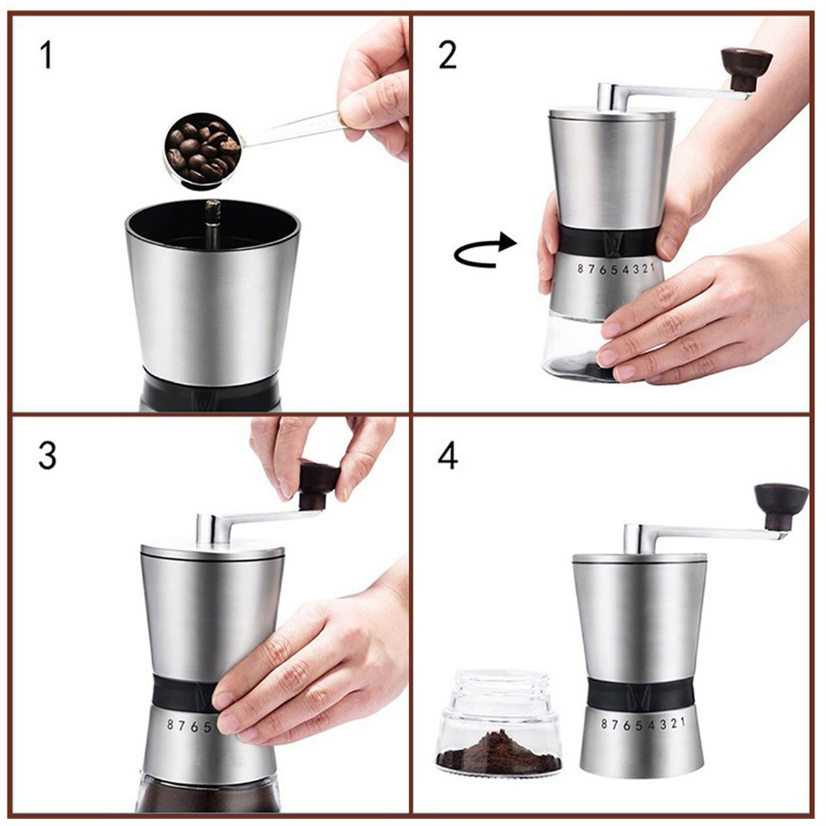 Eine Kaffeemühle in Gebrauch, mit Kaffeebohnen und gemahlenem Kaffee.